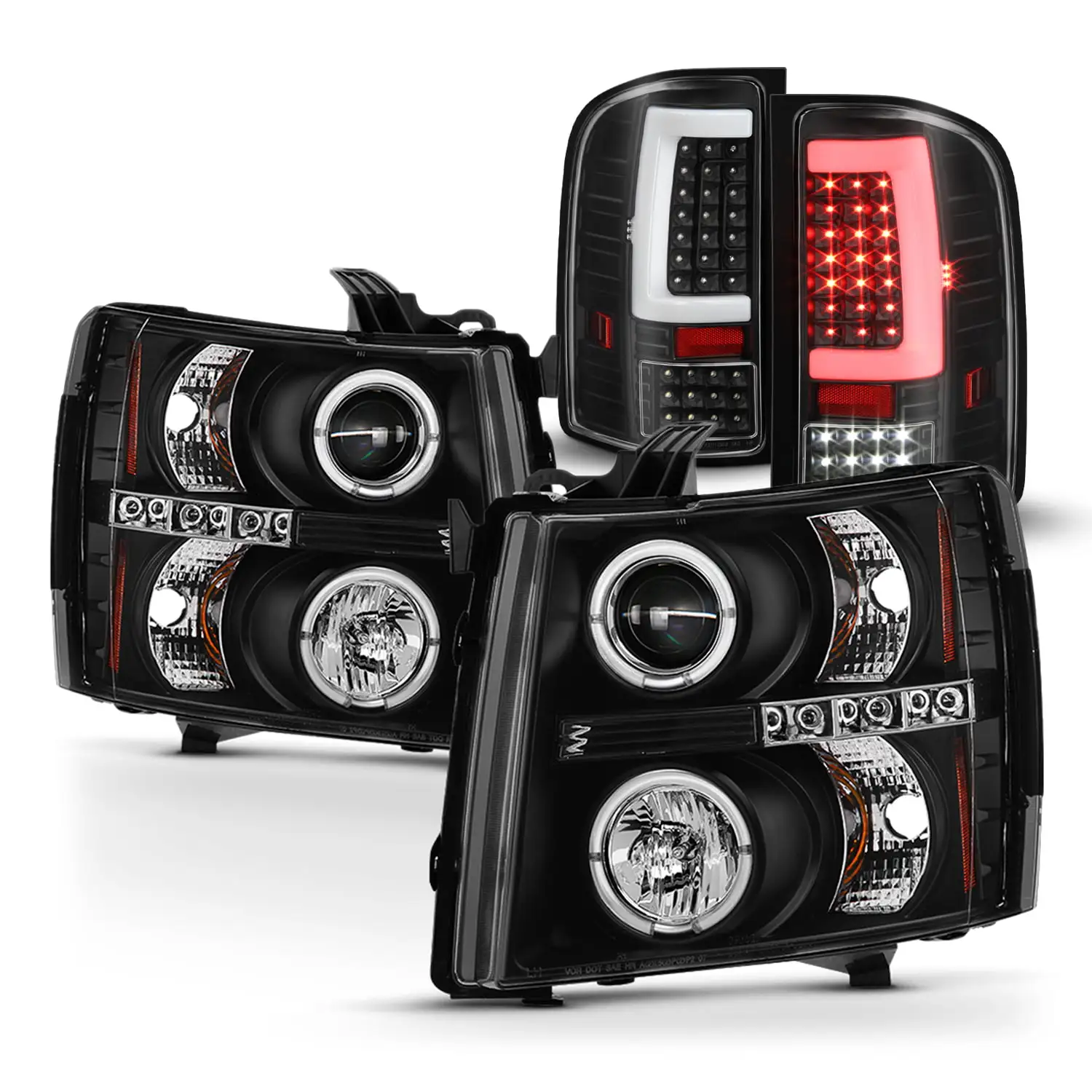 AKKON - Fits 2007-2013 Silverado 1500 2500HD 3500 HD LED Projector Headlights + [C-Tube Bar] Sequential Signal Black Tail Lamps