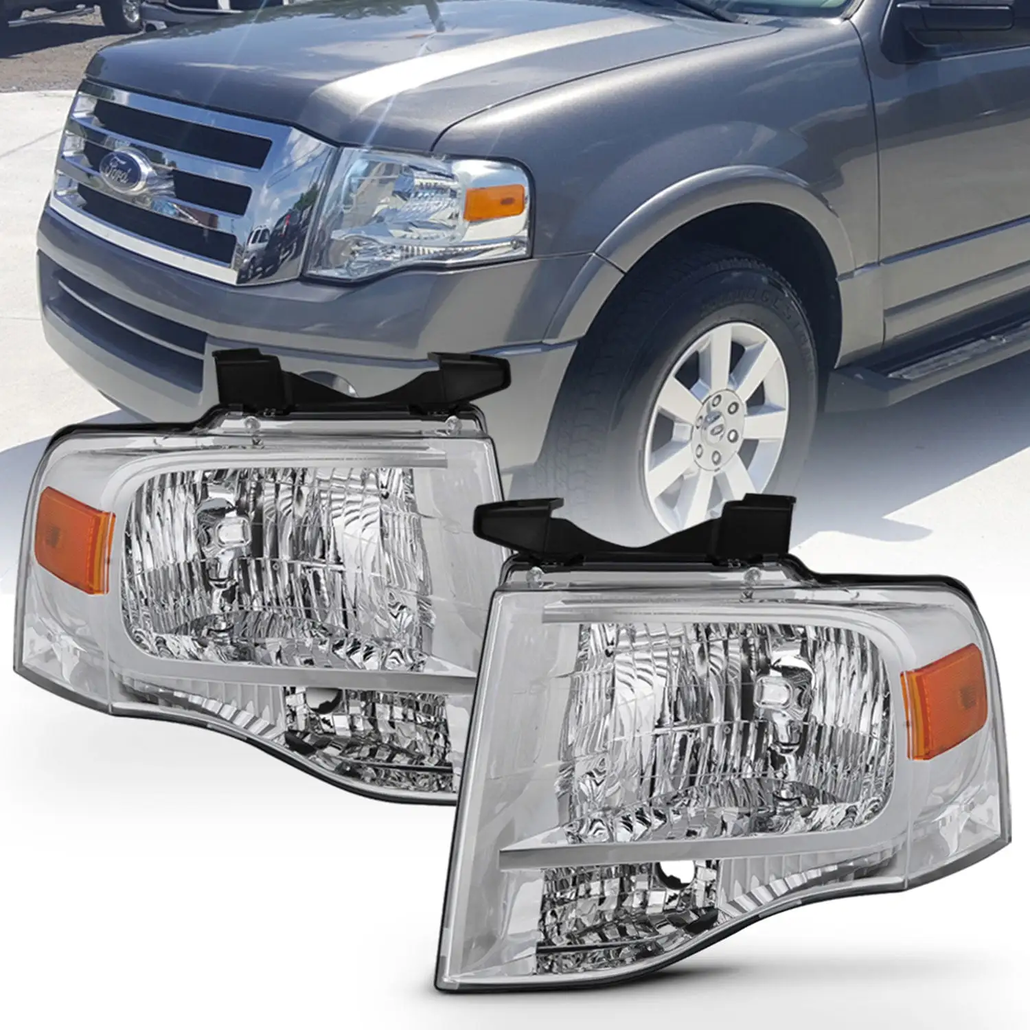 AKKON - Fits 2007-2014 Ford Expedition SUV Chrome Headlights Replacement Headlamps Left Driver+Right Passenger Pair