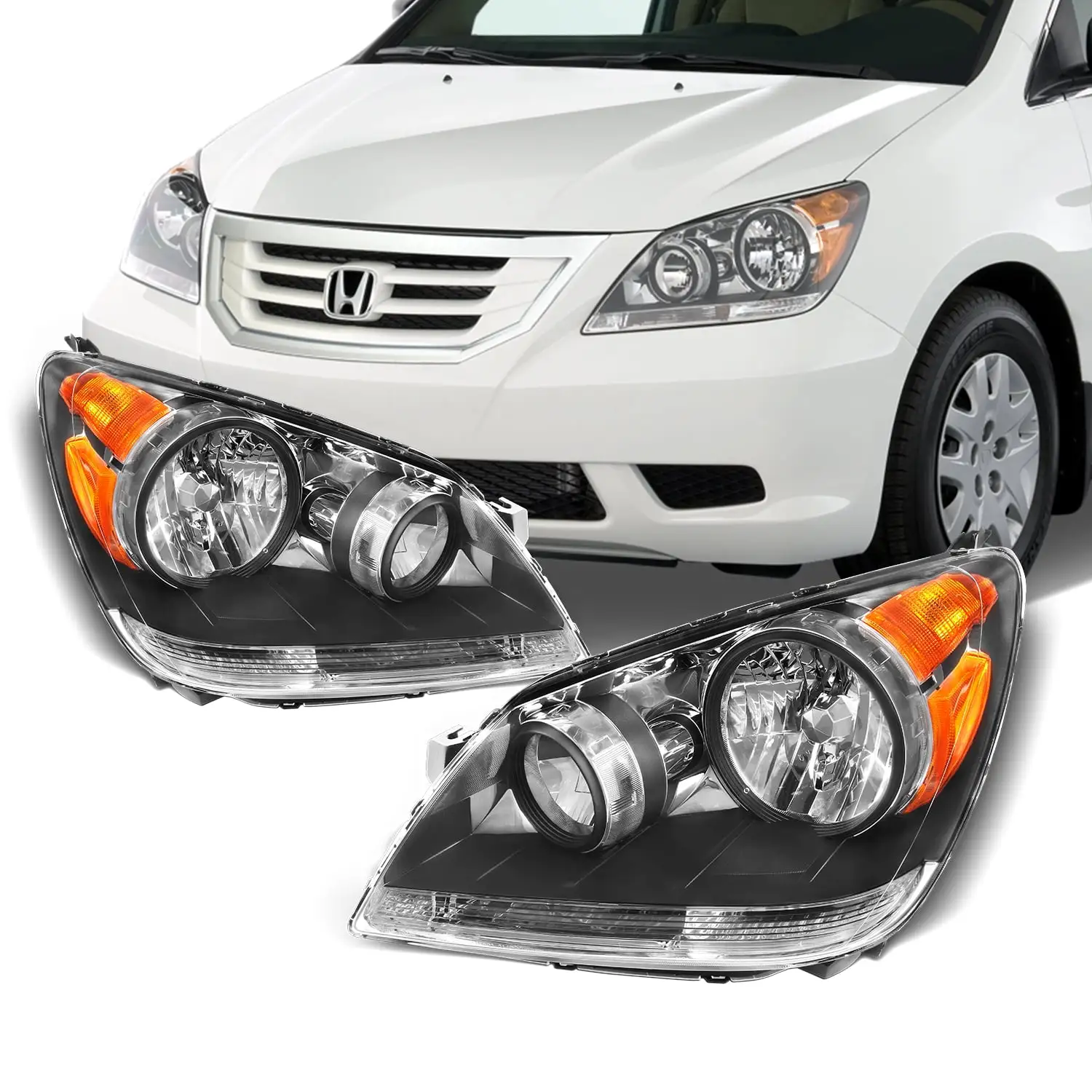 AKKON - Fits 2008 2009 2010 Honda Odyssey Van Front Black Housing Headlights Headlamps Assemblies Replacement