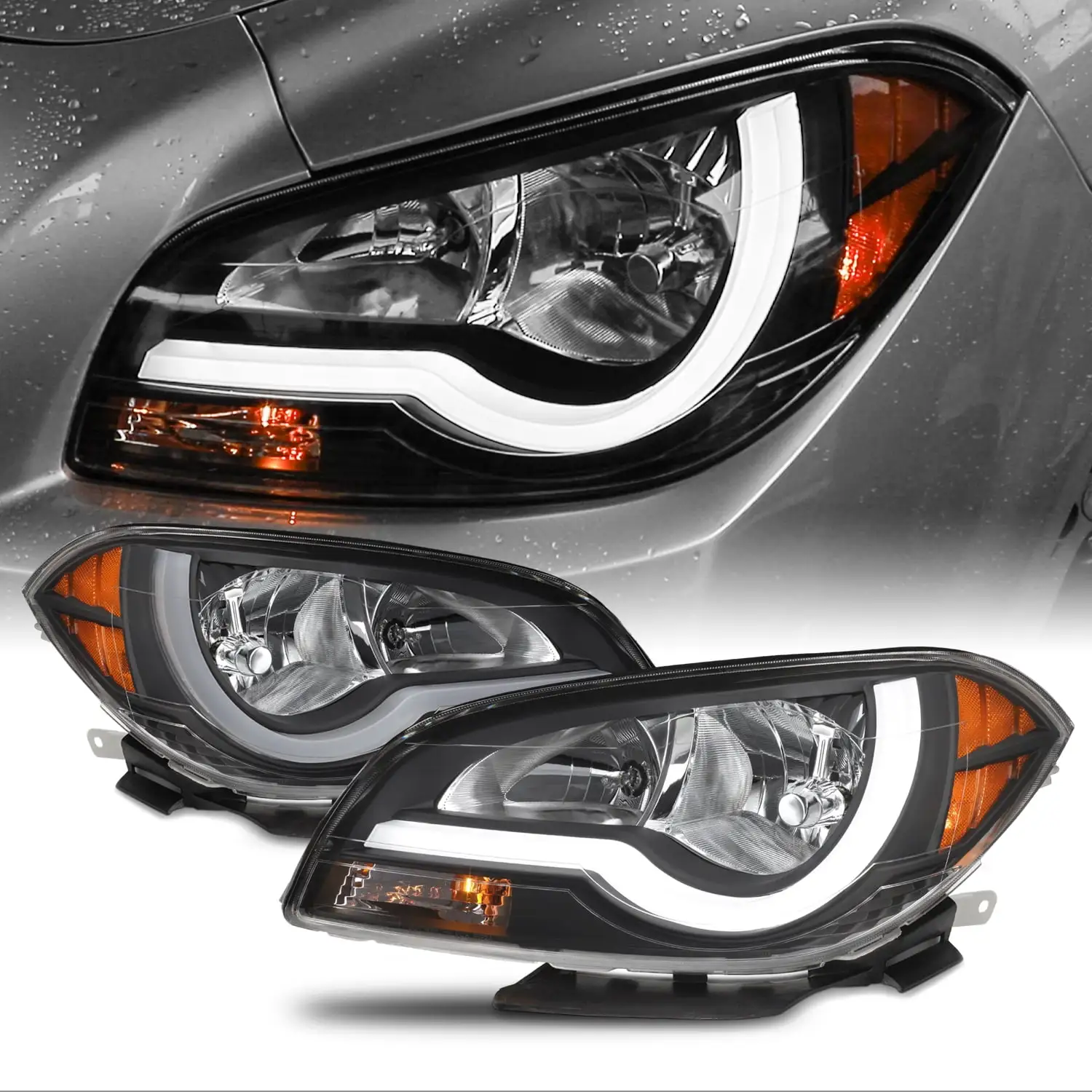 AKKON - Fits 2008-2012 Chevy Malibu LED Light Tube Headlights Head Lamps- Black Housing Assembly