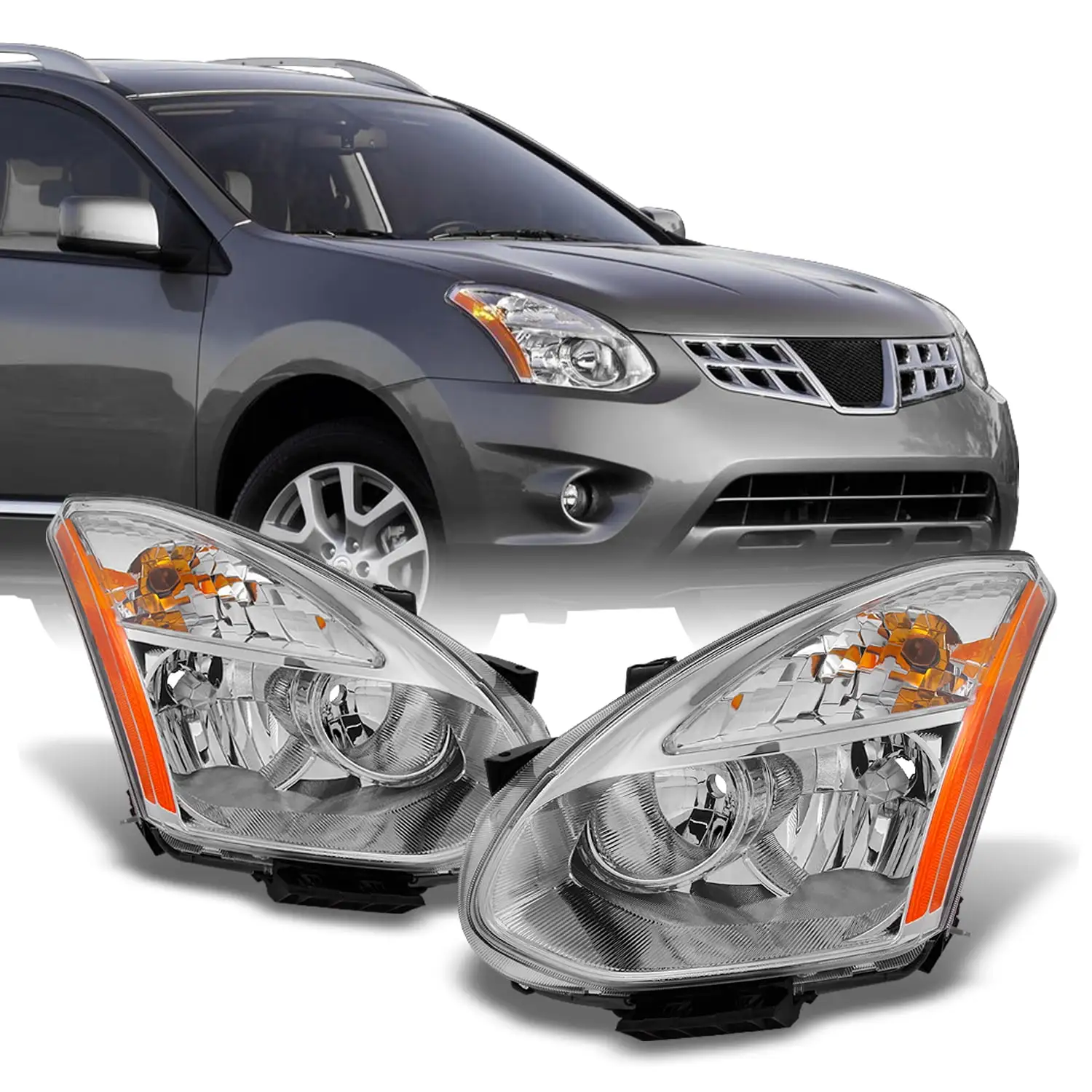 AKKON - Fits 2008-2014 Rogue SUV Halogen Type Clear Headlights Driver Left + Passenger Right Side Replacement Pair Set