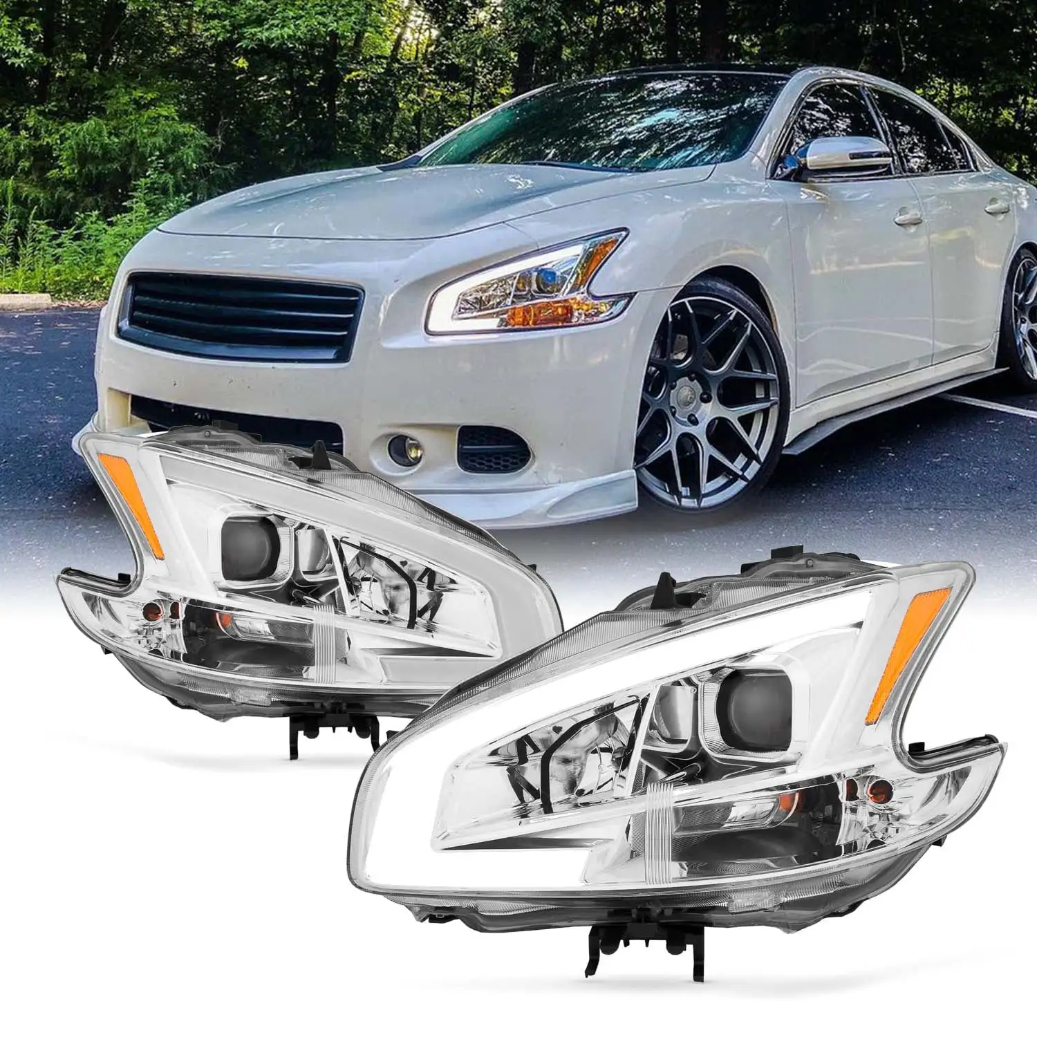 AKKON - Fits 2009 2010 2011 2012 2013 2014 Nissan Maxima LED DRL Light Tube Projector Headlights Head Lamps Replacement