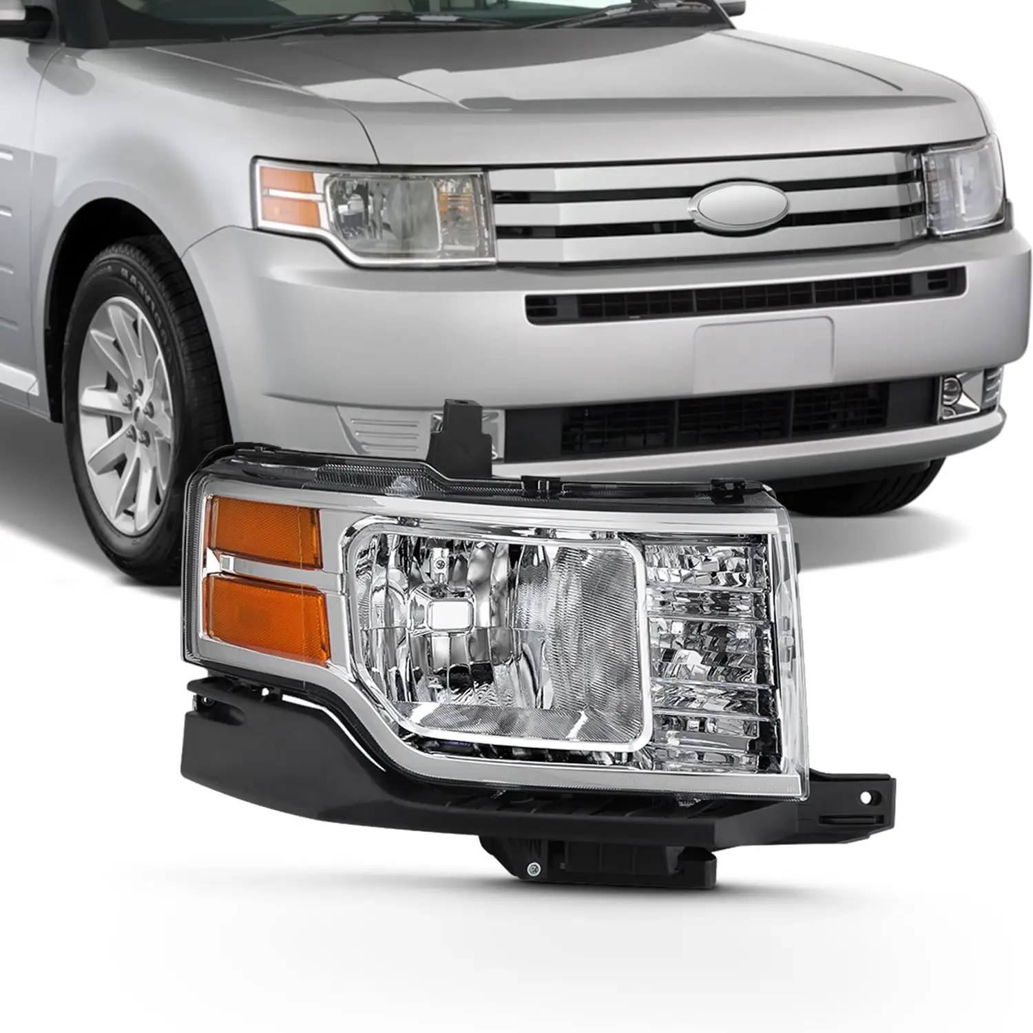 AKKON - Fits 2009 2010 2011 2012 Ford Flex SE SEL [Halogen Type] Chrome Headlight w/ Amber Side Signal Lamp Passenger Right Side