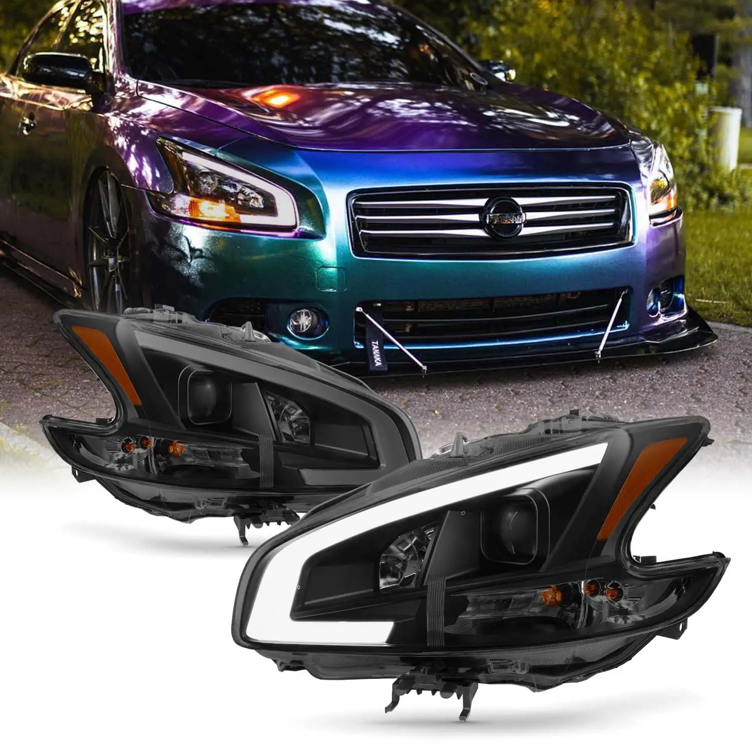 AKKON - Fits 2009 - 2014 Nissan Maxima LED DRL Light Tube Projector Headlights Headlamps - Black Smoke Housing