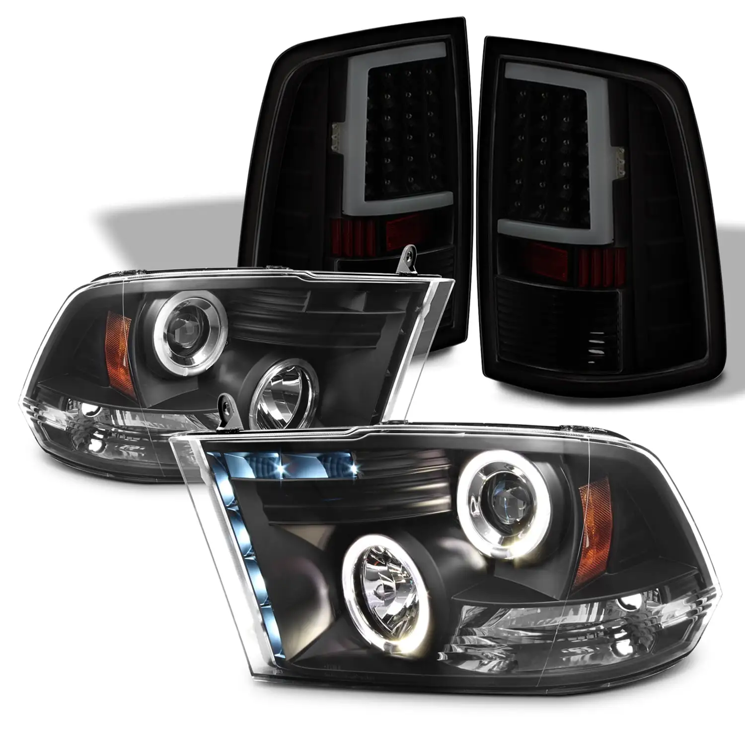 AKKON - Fits 2009-2018 Ram LED Dual Halo DRL Projector Black Housing Headlights + LED Bar Smoked Tail Lights