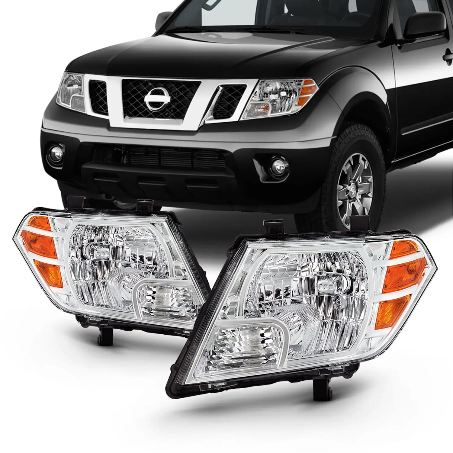 AKKON - Fits 2009-2021 Frontier Extended Crew Cab Pickup Truck [Halogen Style] Chrome Headlights w/ Amber Signal Pair Left+Right