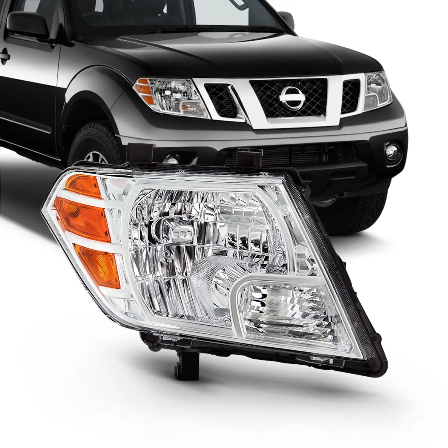 AKKON - Fits 2009-2021 Frontier Extended Crew Cab Pickup Truck [Halogen Style] Chrome Headlights w/ Amber Signal Passenger Right