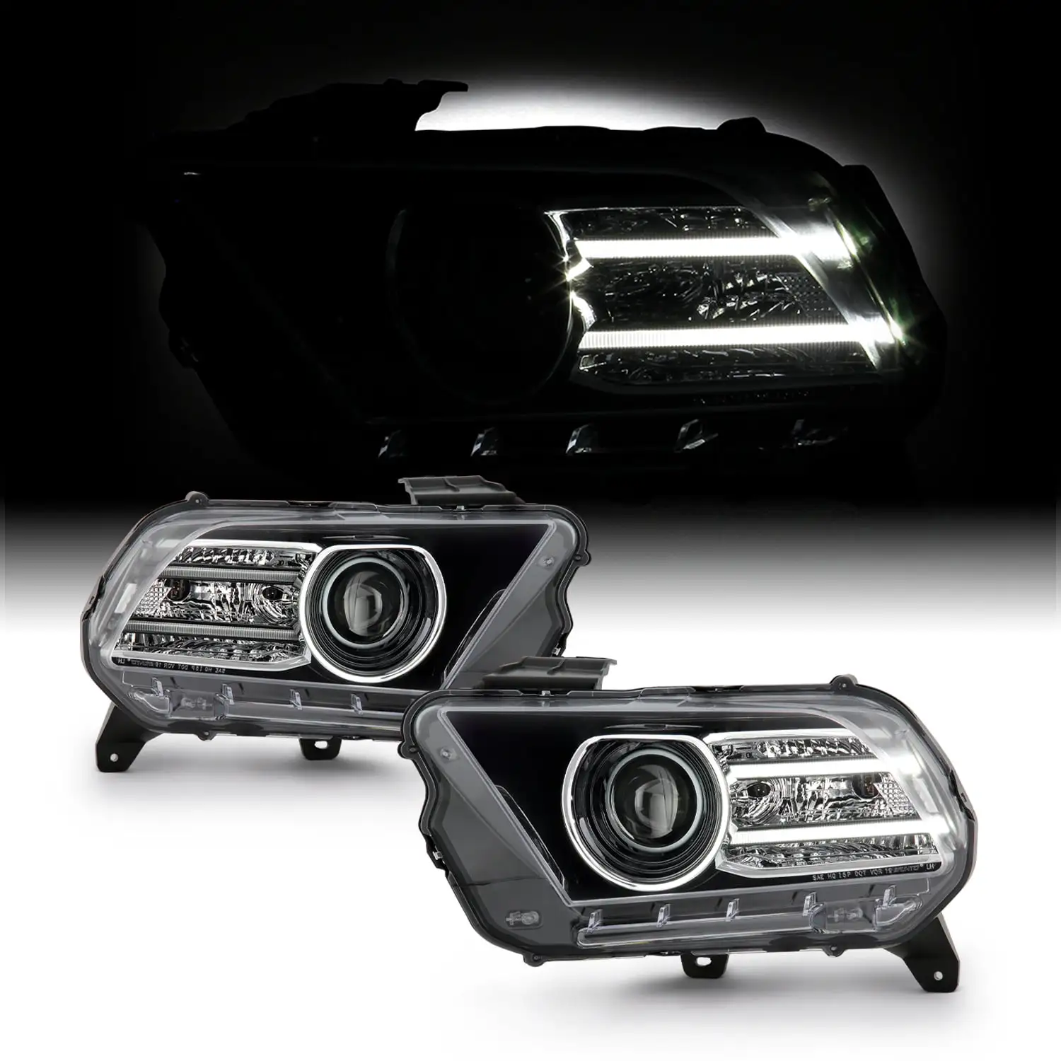 AKKON - Fits 2010 2011 2012 2013 2014 Ford Mustang Halogen Type LED Tube Projector Black Headlights Pair