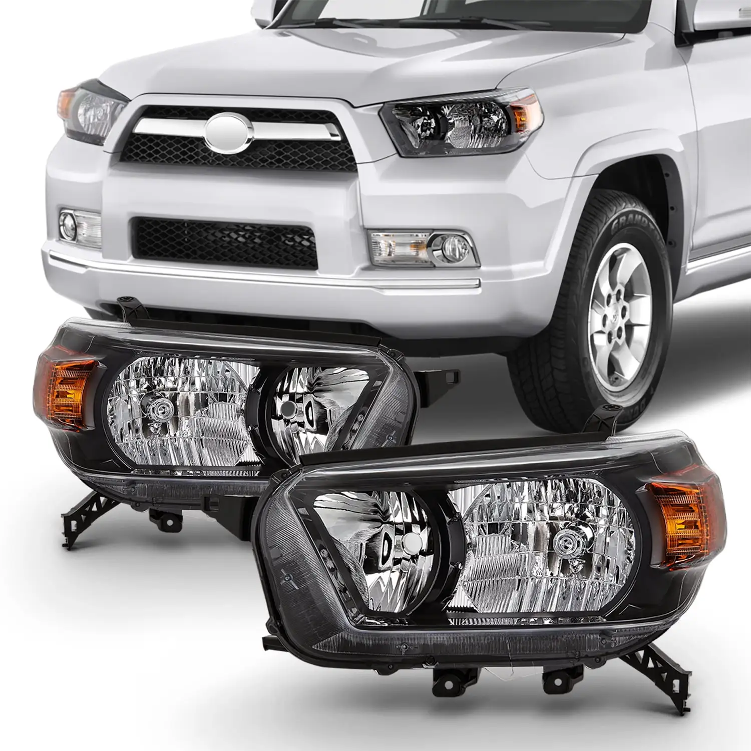 AKKON - Fits 2010 2011 2012 2013 Toyota 4Runner SR5/Trail Model [Halogen Type] w/ Trail Package Black Headlights Left+Right Pair