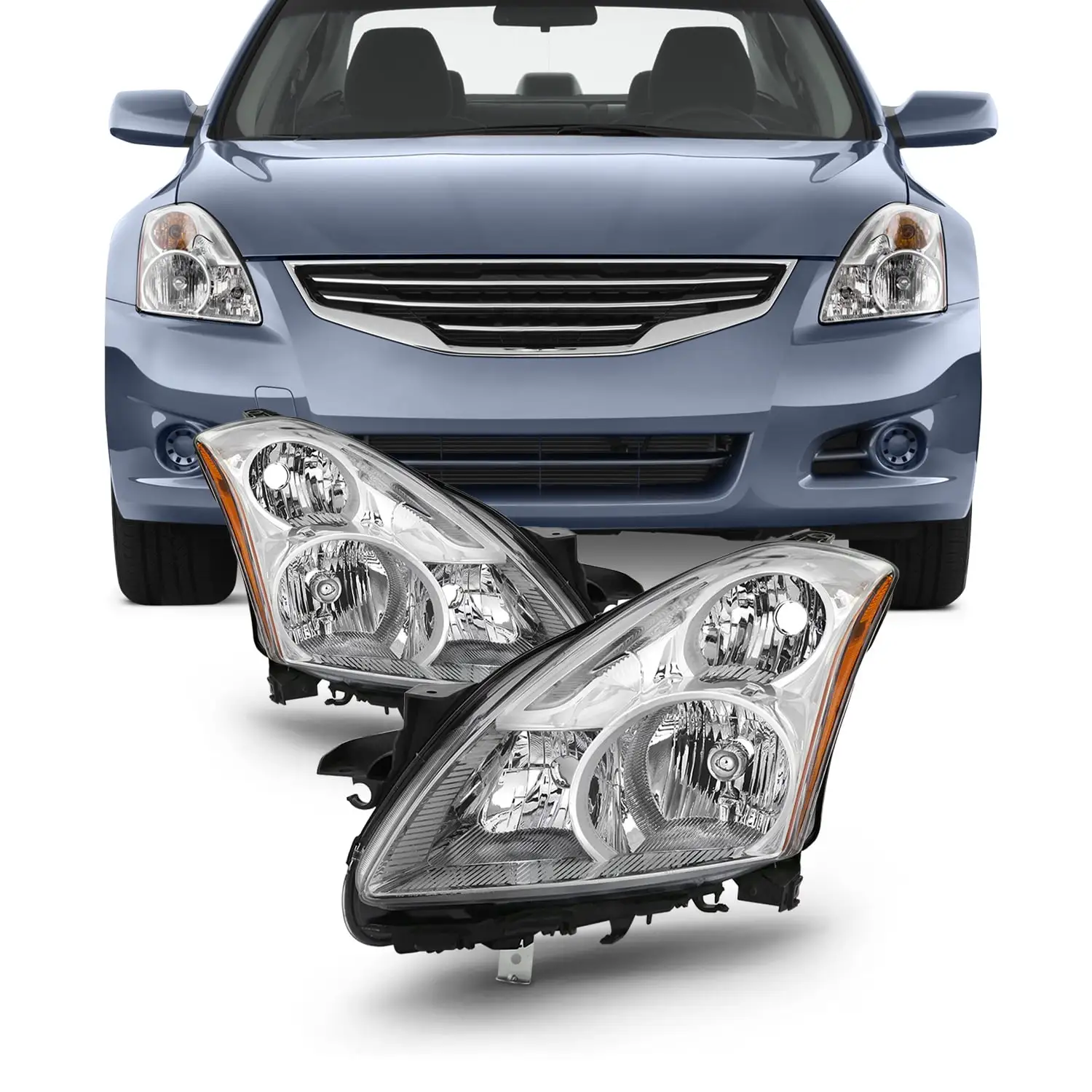 AKKON - Fits 2010 2011 2012 Altima 4Door Sedan [Halogen Models] Chrome Headlights Headlamp Left Driver + Right Passenger Pair