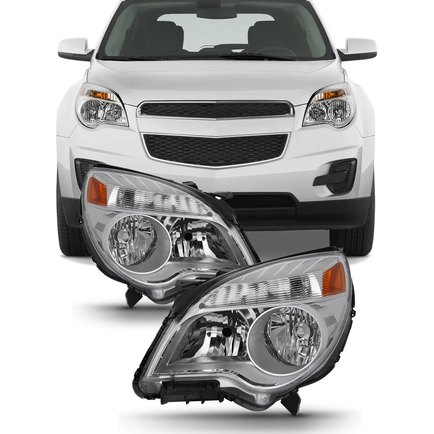 AKKON - Fits 2010-2015 Chevy Equinox LS/LT Model [Halogen Style] Chrome Headlights Driver + Passenger Side Pair