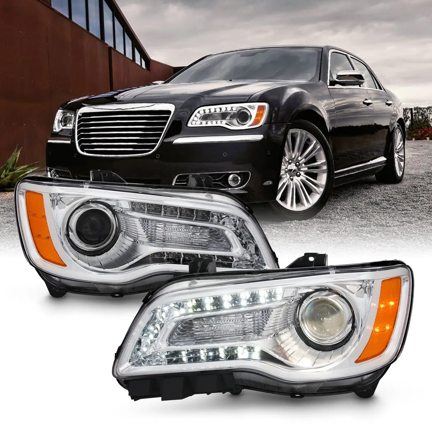 AKKON - Fits 2011-2014 Chrysler 300 Sedan Models LED Light Bar [Halogen Type] Chrome Bezel Projector Headlights Pair Left+Right