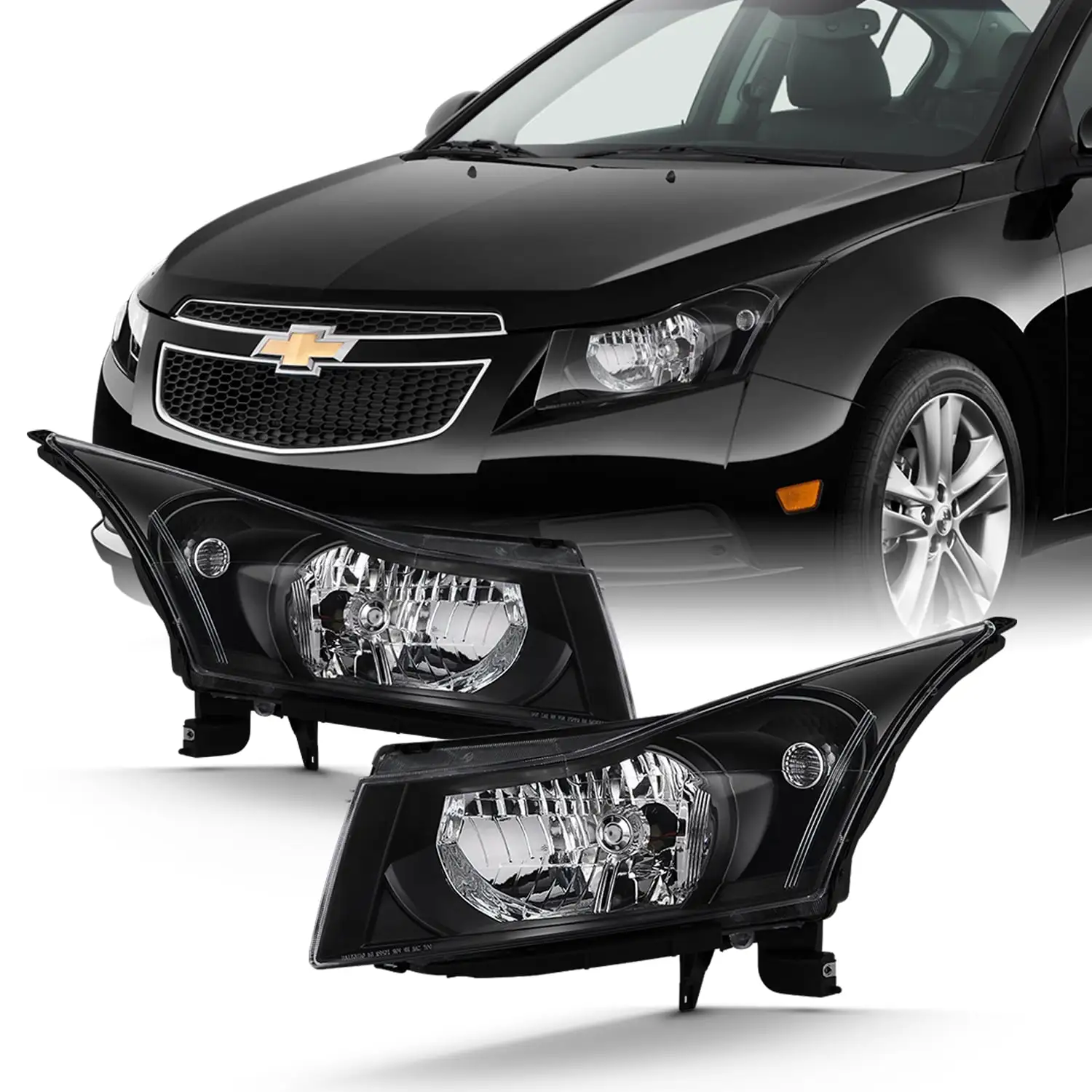 AKKON - Fits 2011-2015 Chevy Cruze Sedan [Halogen Type] Black Headlights Pair Left Driver+Right Passenger Headlamps 11 12 13 14 15