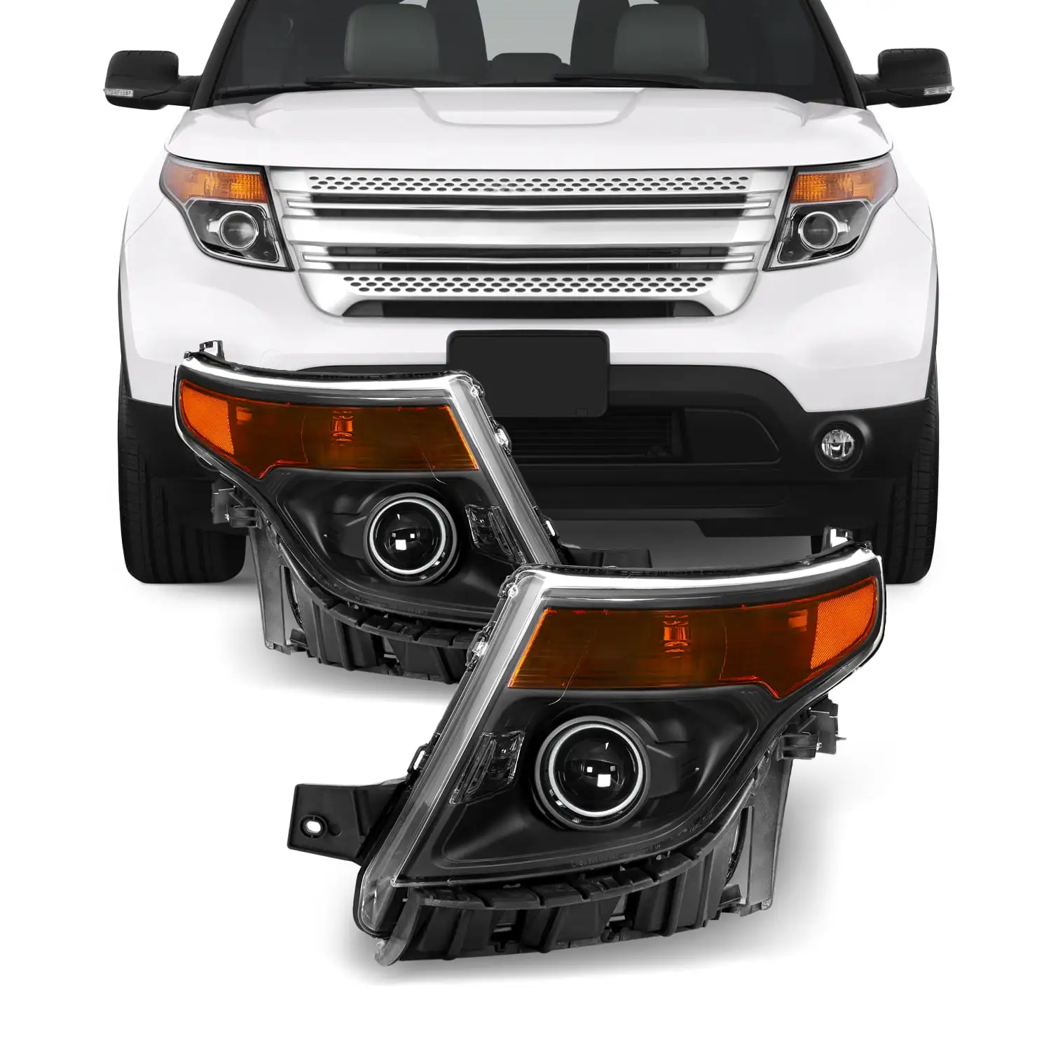 AKKON - Fits 2011-2015 Ford Explorer [Halogen Style] Projector Headlamp Black Headlights Diver+Passenger Side Pair