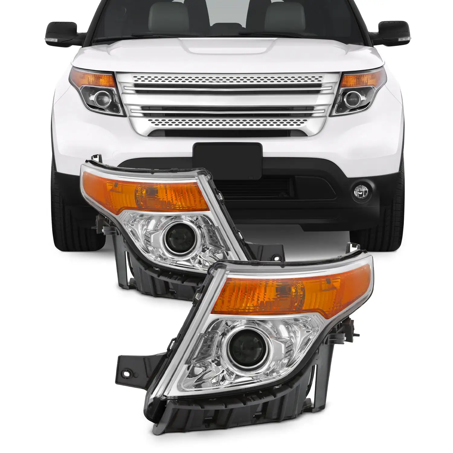 AKKON - Fits 2011-2015 Ford Explorer Projector chrome Headlights [Halogen Type] Pair Left Driver+Right Passenger