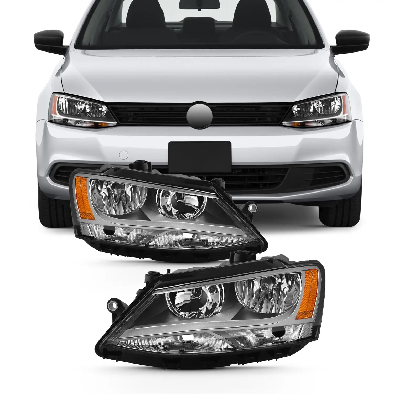 AKKON - Fits 2011-2018 VW Jetta 4Door Sedan [Halogen Type] Chrome Headlights Headlamp Left+Right Pair