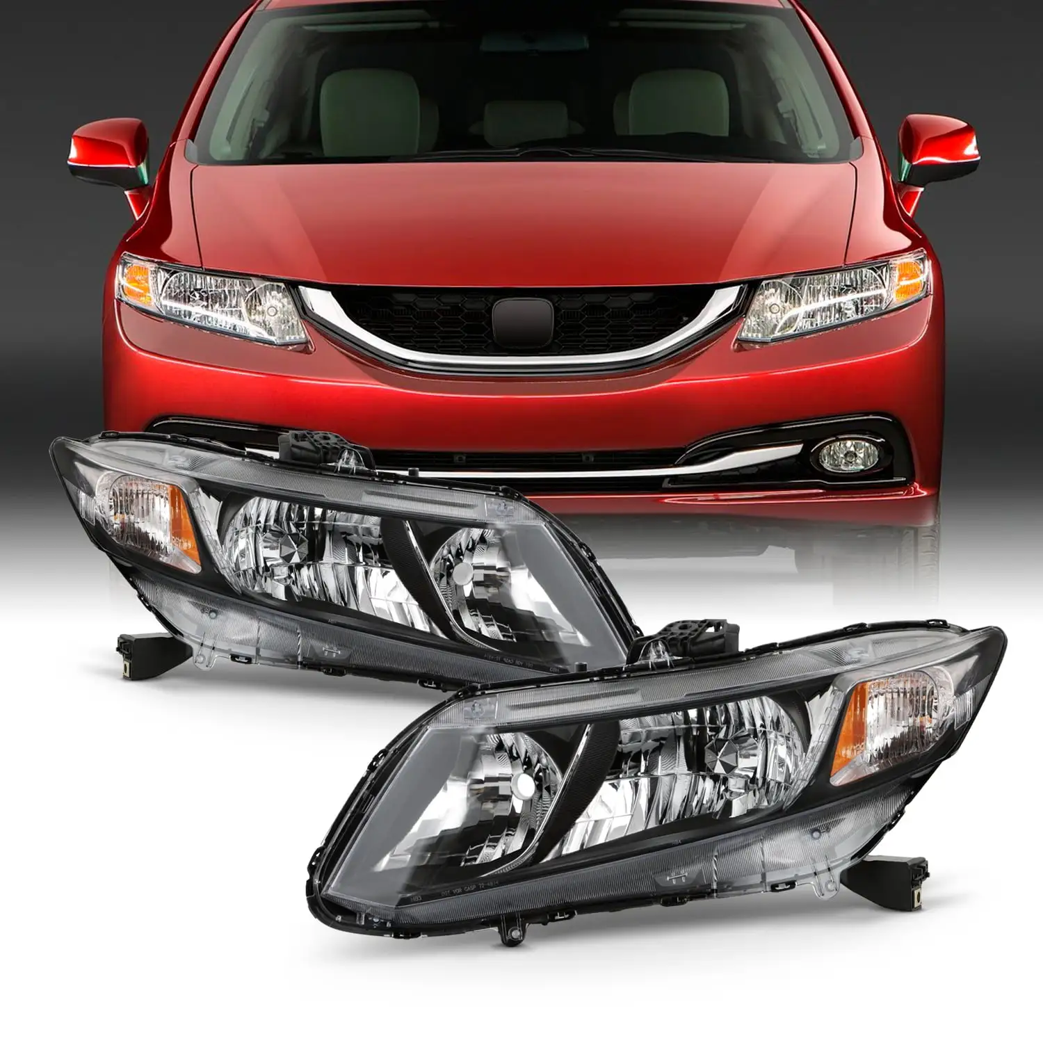 AKKON - Fits 2012 2013 2014 2015 Honda Civic Sedan 12-13 Civic Coupe [Halogen Type] Black Headlights Headlamp Pair Left+Right