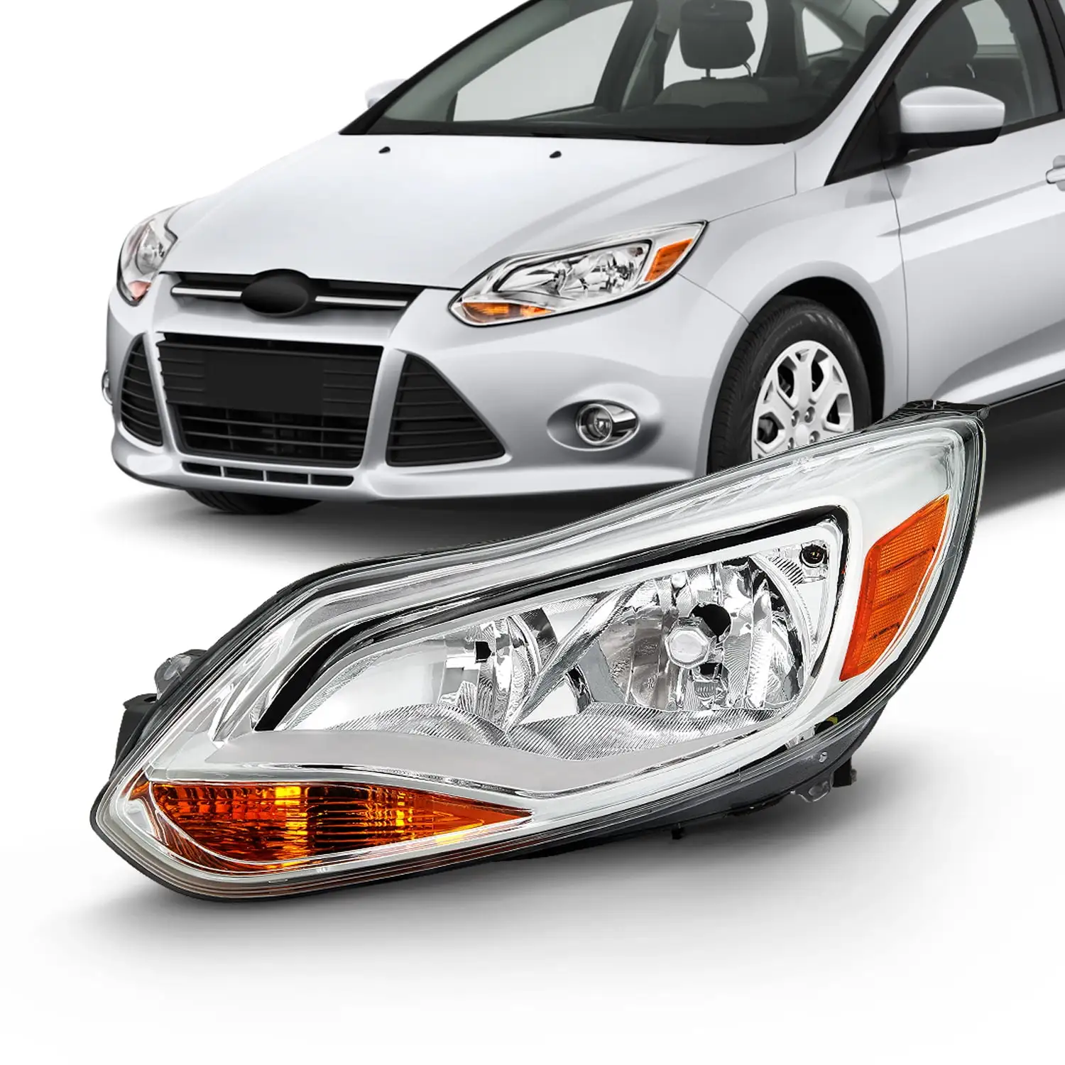 AKKON - Fits 2012 2013 2014 Ford Focus 4Door Sedan Hatchback [Halogen Type] Chrome Trim Headlight Driver Left Replacement