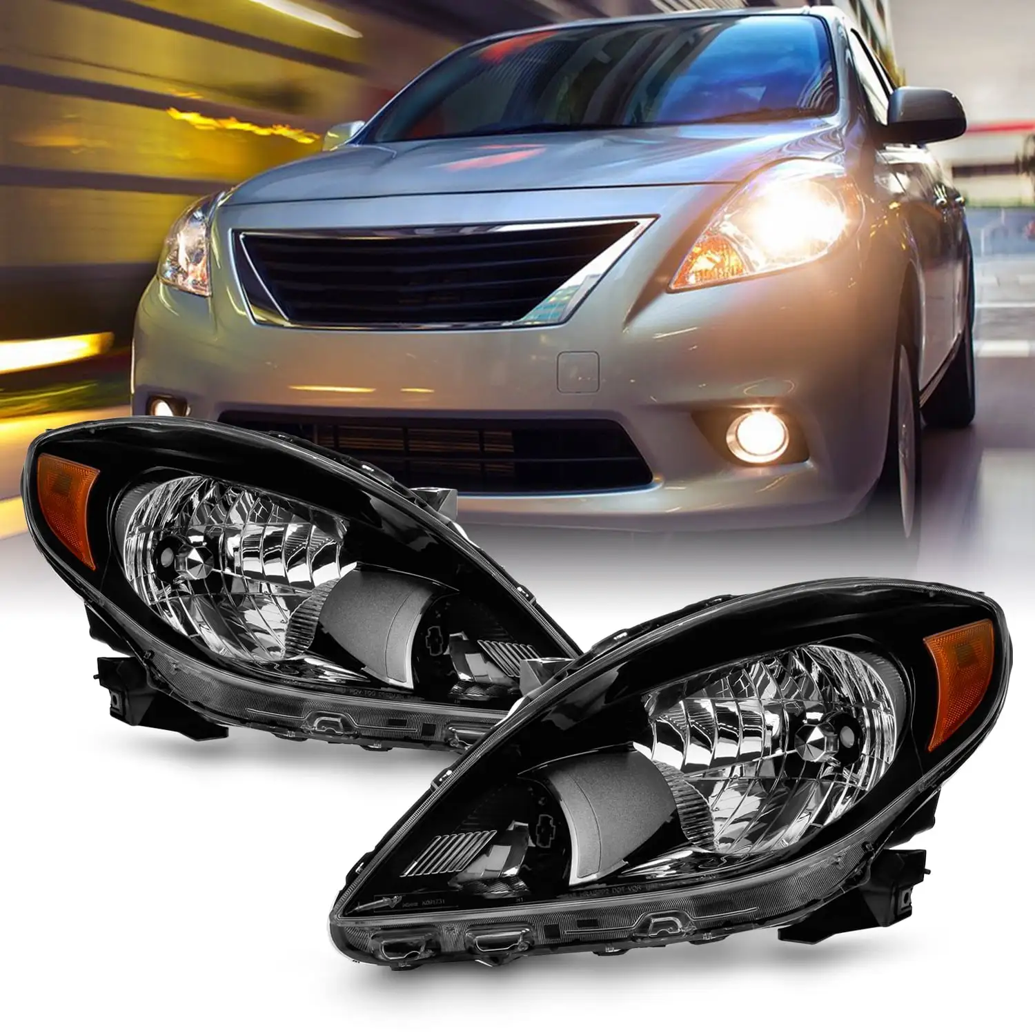 AKKON - Fits 2012 2013 2014 Nissan Versa Sedan [Halogen Type] Black Headlights Pair Driver Left + Passenger Right