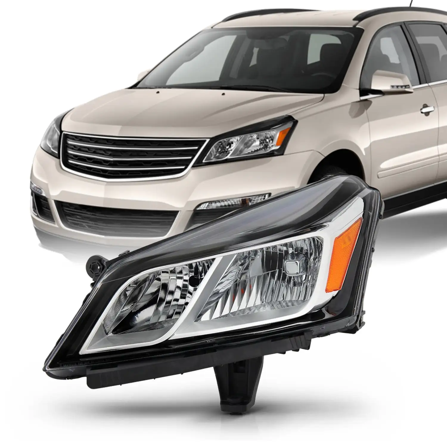 AKKON - Fits 2013 2014 2015 2016 2017 Chevy Traverse [Halogen Type] Chrome Headlight Headlamp Driver Left Side Replacement