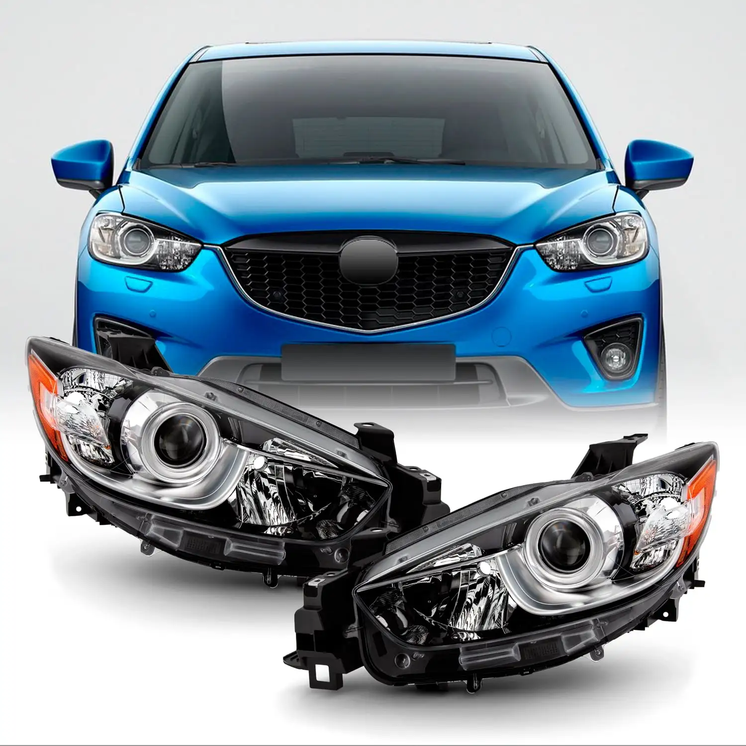 AKKON - Fits 2013 2014 2015 2016 Mazda CX-5 [Halogen Type] Projector Chrome Clear Headlights Pair Left Driver + Right Passenger