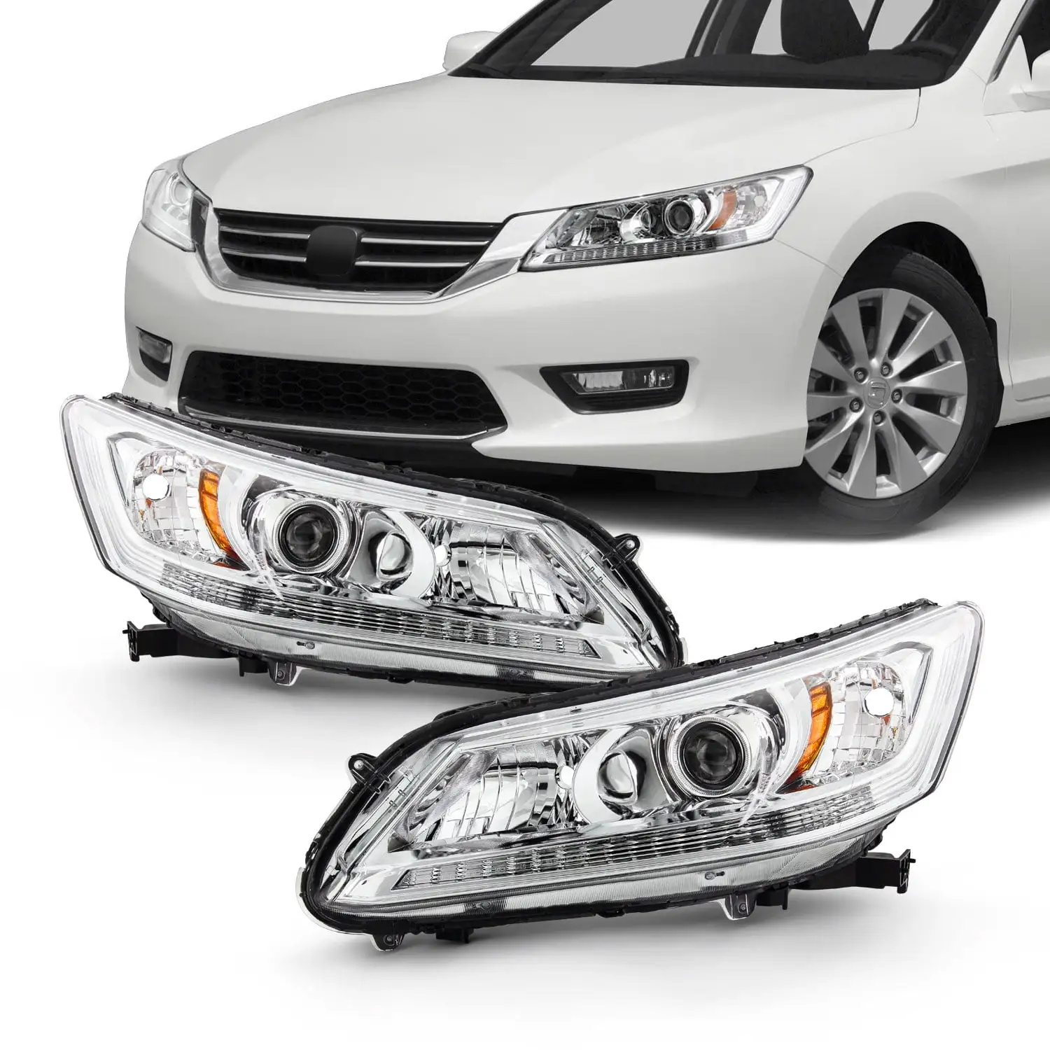 AKKON - Fits 2013 2014 2015 Honda Accord 4Door Sedan [Halogen Type] Chrome Clear Headlights Pair Left Driver+Right Passenger