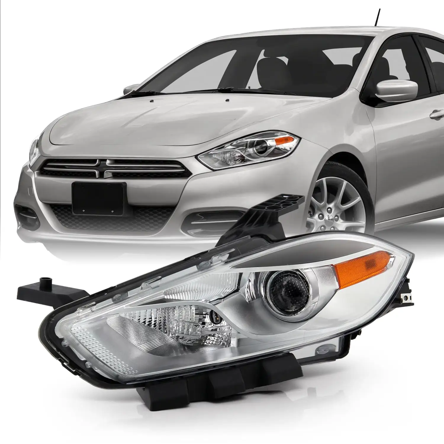 AKKON - Fits 2013-2016 Dodge Dart [Halogen Type] Projector Chrome Headlight Headlamp Driver Left Side w/ Chrome Bezel Model