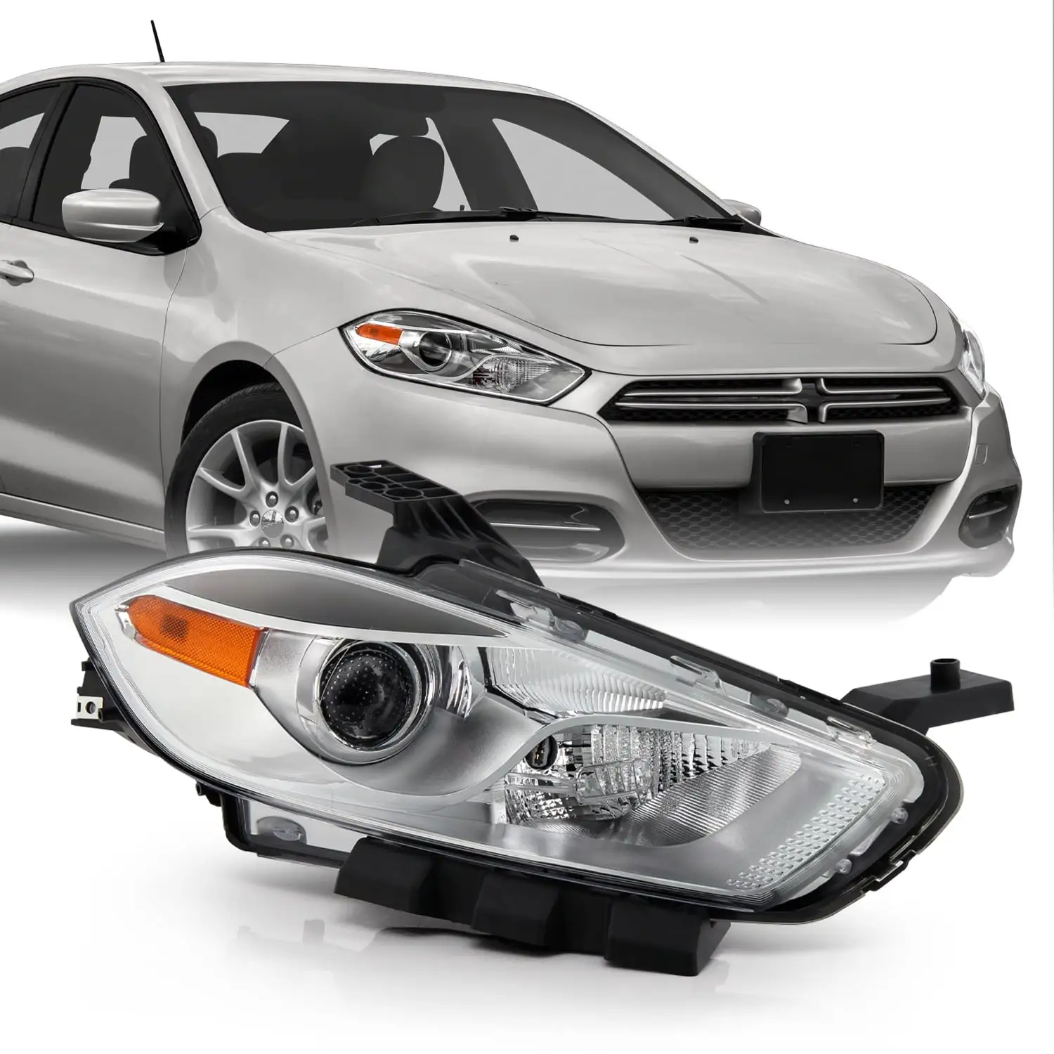 AKKON - Fits 2013-2016 Dodge Dart [Halogen Type] Projector Chrome Headlight Headlamp Passenger Right Side w/ Chrome Bezel Model