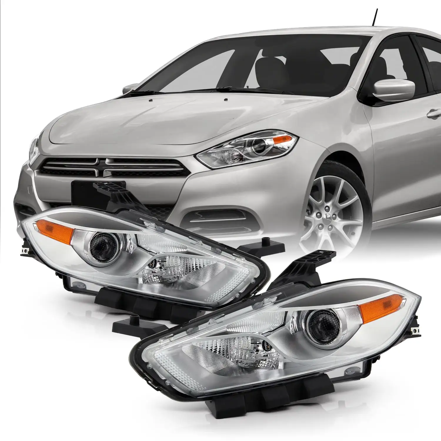 AKKON - Fits 2013-2016 Dodge Dart [Halogen Type] Projector Chrome Headlights Pair Driver Left+Passenger Right w/ Chrome Bezel