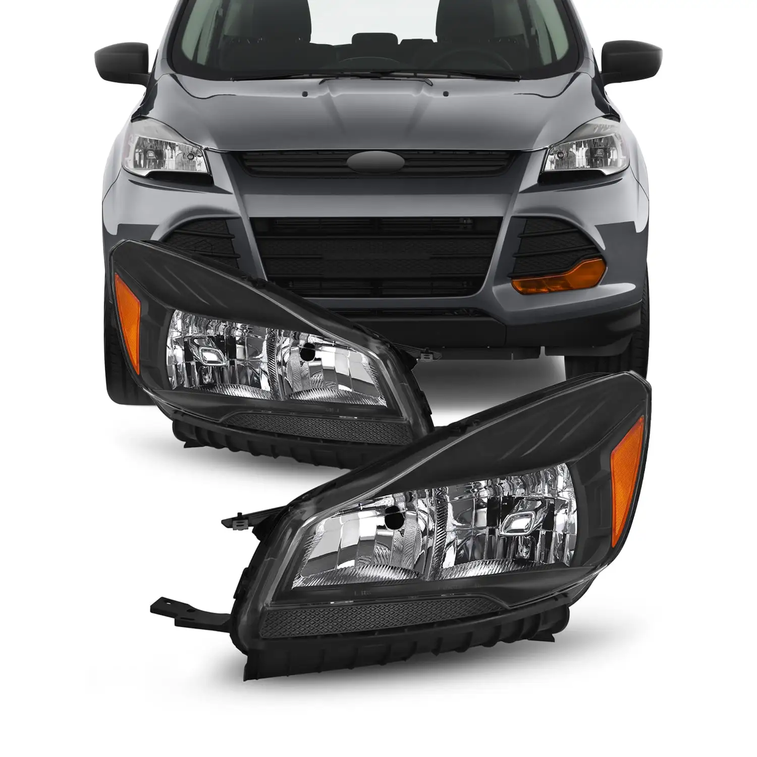 AKKON - Fits 2013-2016 Ford Escape SUV Halogen Type Black Headlights w/ Amber Side Headlamps Pair Replacement