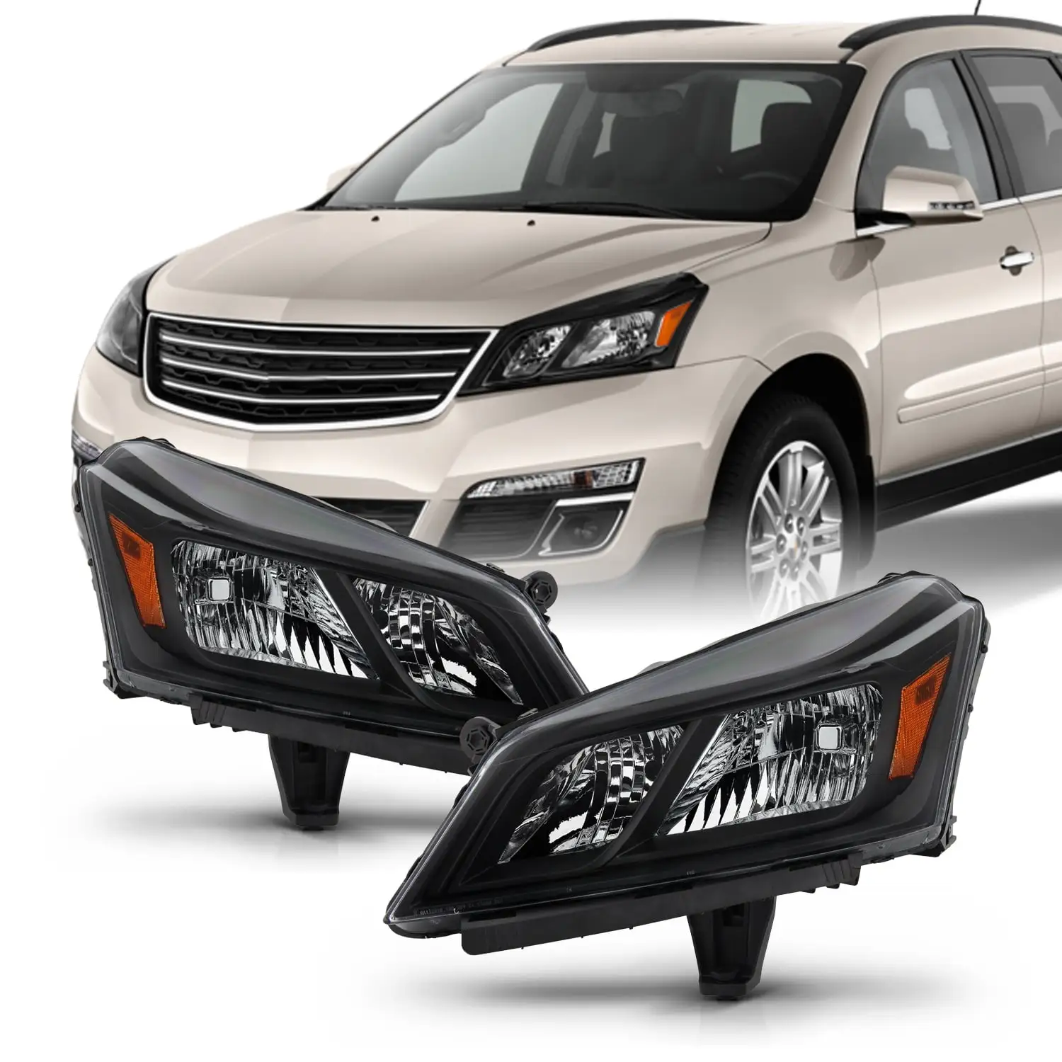 AKKON - Fits 2013-2017 Chevy Traverse [Halogen Type] Black Headlights Pair Headlamps Driver Left+Passenger Right 2014 2015 2016