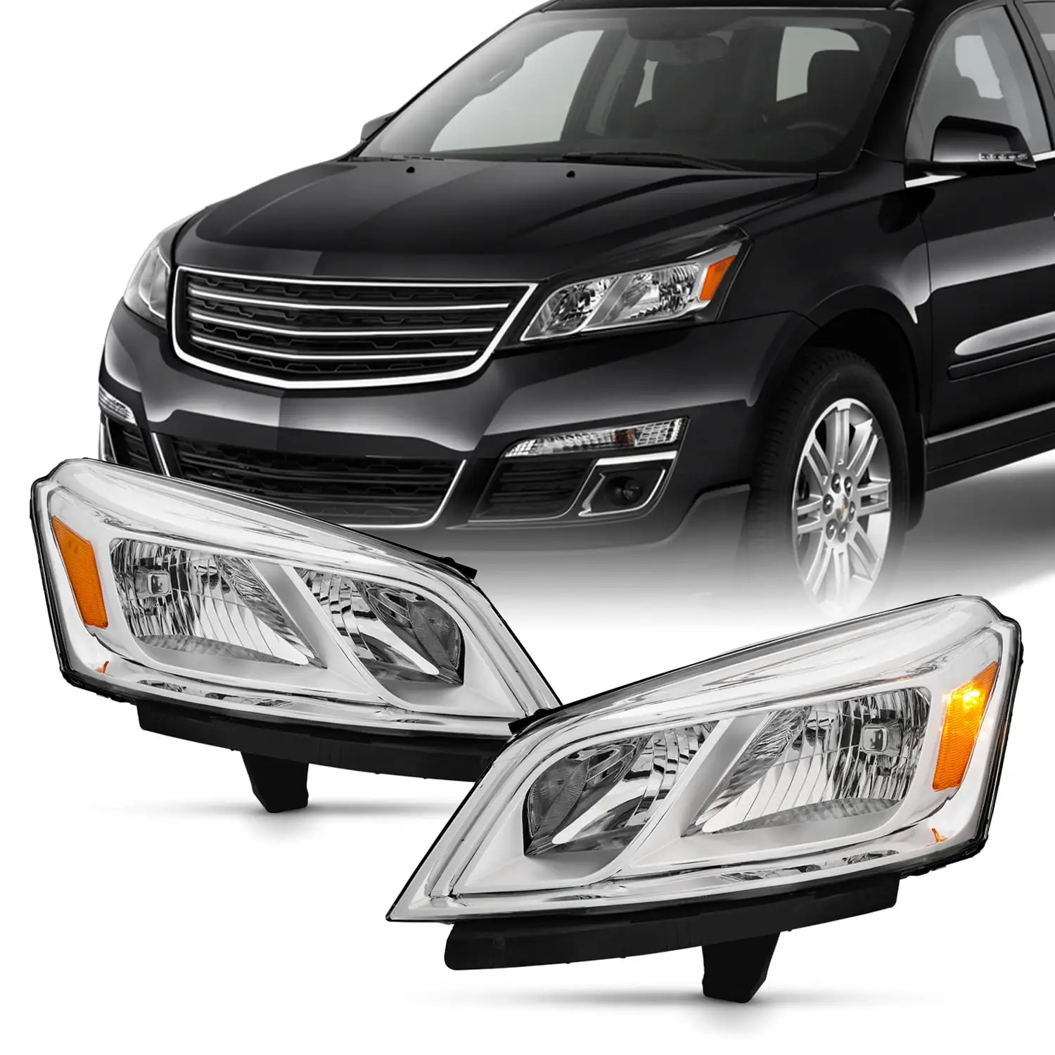 AKKON - Fits 2013-2017 Chevy Traverse [Halogen Type] Chrome Headlights Headlamp Pair Driver Left+Passenger Right