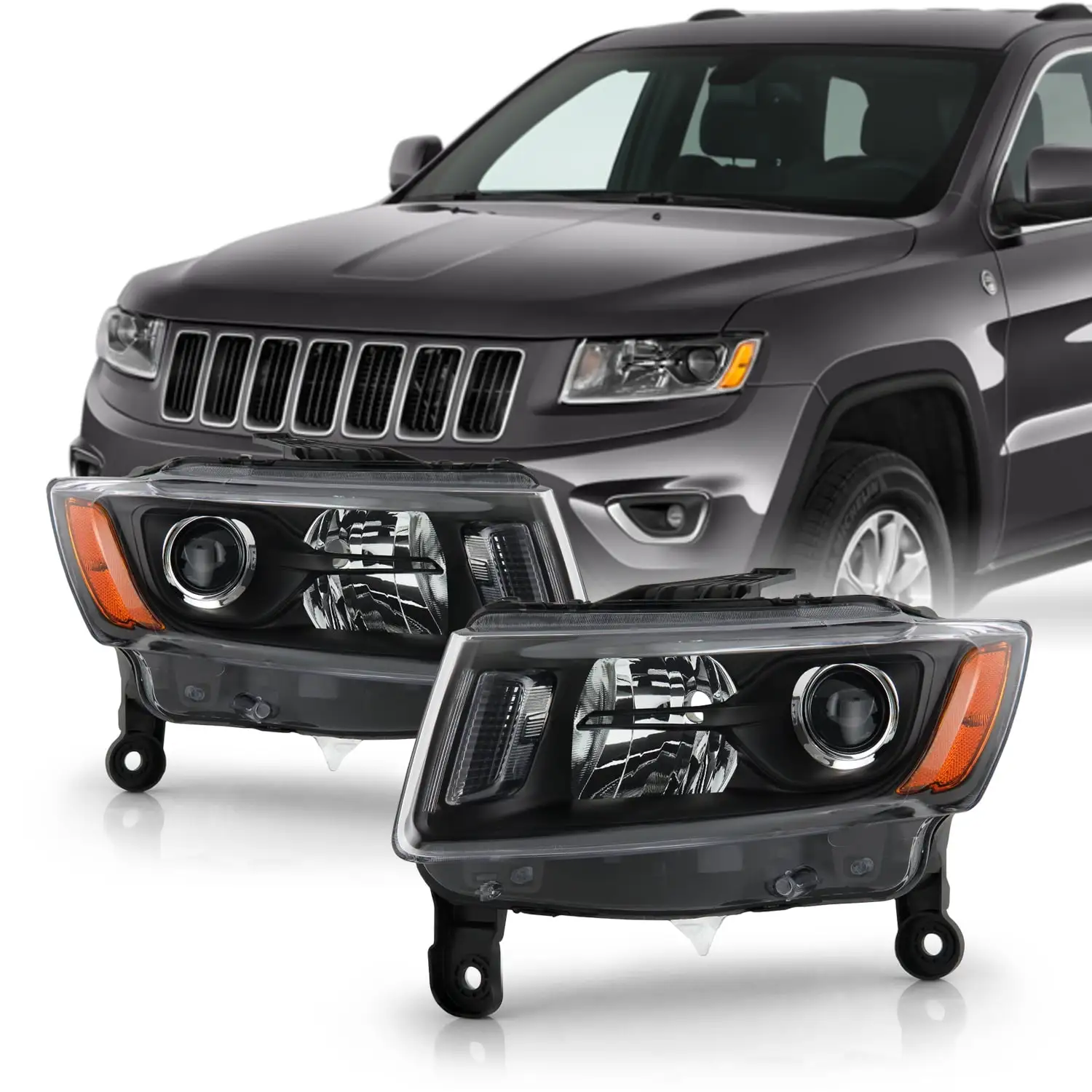 AKKON - Fits 2014-2016 JEEP Grand Cherokee [Halogen Type] Projector Black Headlights Pair Headlamps Driver+Passenger Replacement