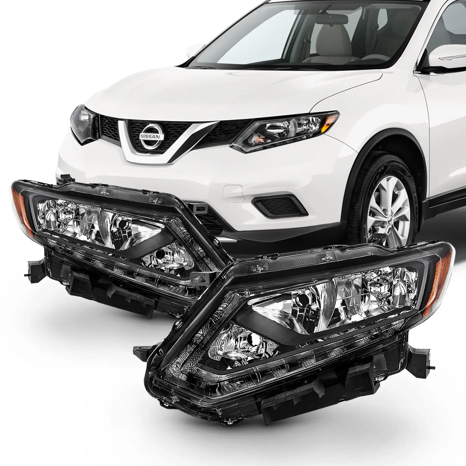 AKKON - Fits 2014-2016 Rogue 4Door [Halogen Models] Black Headlights Headlamps Driver Left + Passenger Right Pair 14 15 16