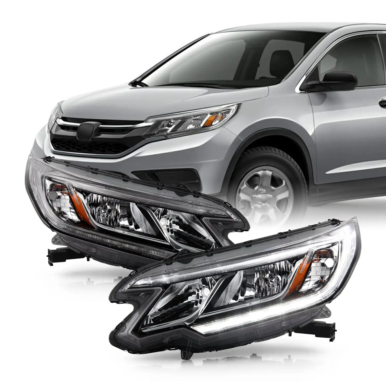 AKKON - Fits 2015-2016 Honda CR-V EX / EX-L / SE [Tube Bar] Chrome Headlights Pair Driver Left + Passenger Right w/ LED DRL