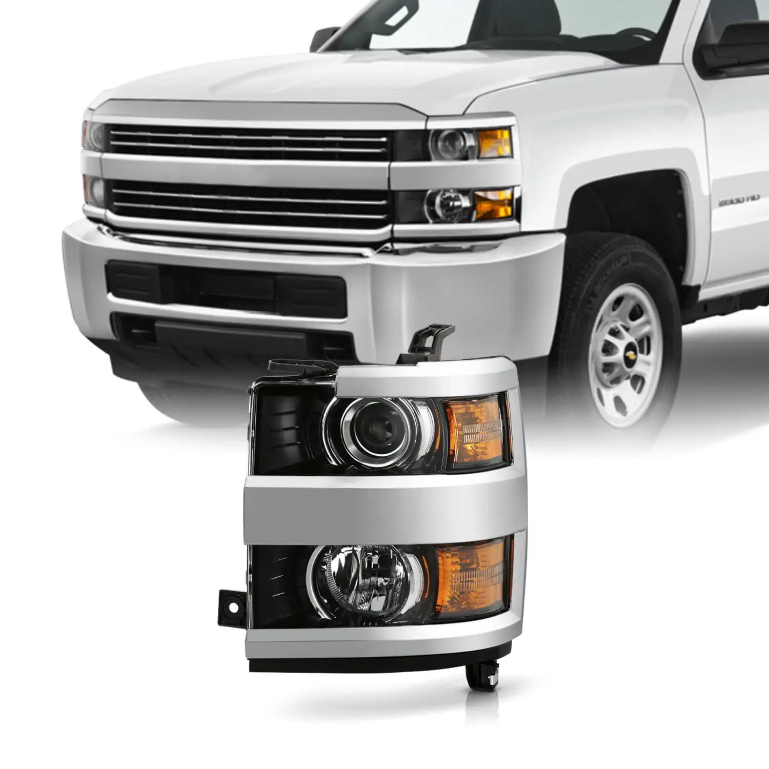 AKKON - Fits 2015-2019 Chevy Silverado 2500 3500 HD OE Projector Chrome Headlights Left Driver Side Replacement