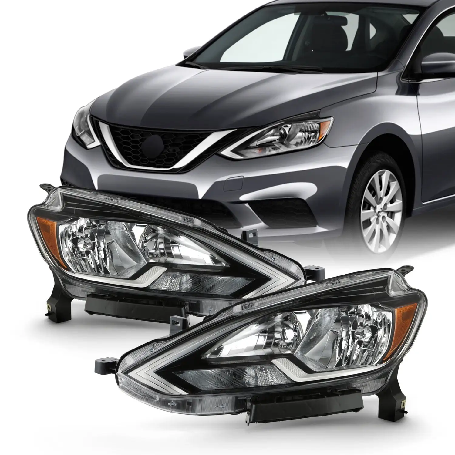 AKKON - Fits 2016 2017 2018 2019 Sentra [Halogen Type] Headlights w/ Chrome bezel Pair Headlamps Driver Left + Passenger Right