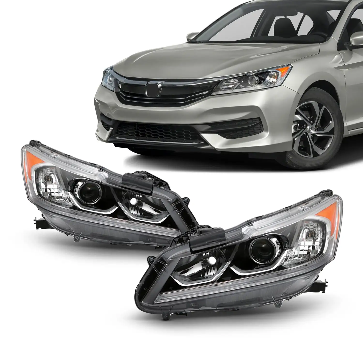 AKKON - Fits 2016-2017 Honda Accord LX 4Door Sedan [Halogen Type] Projector Chrome Headlights Pair Headlamps Left+Right