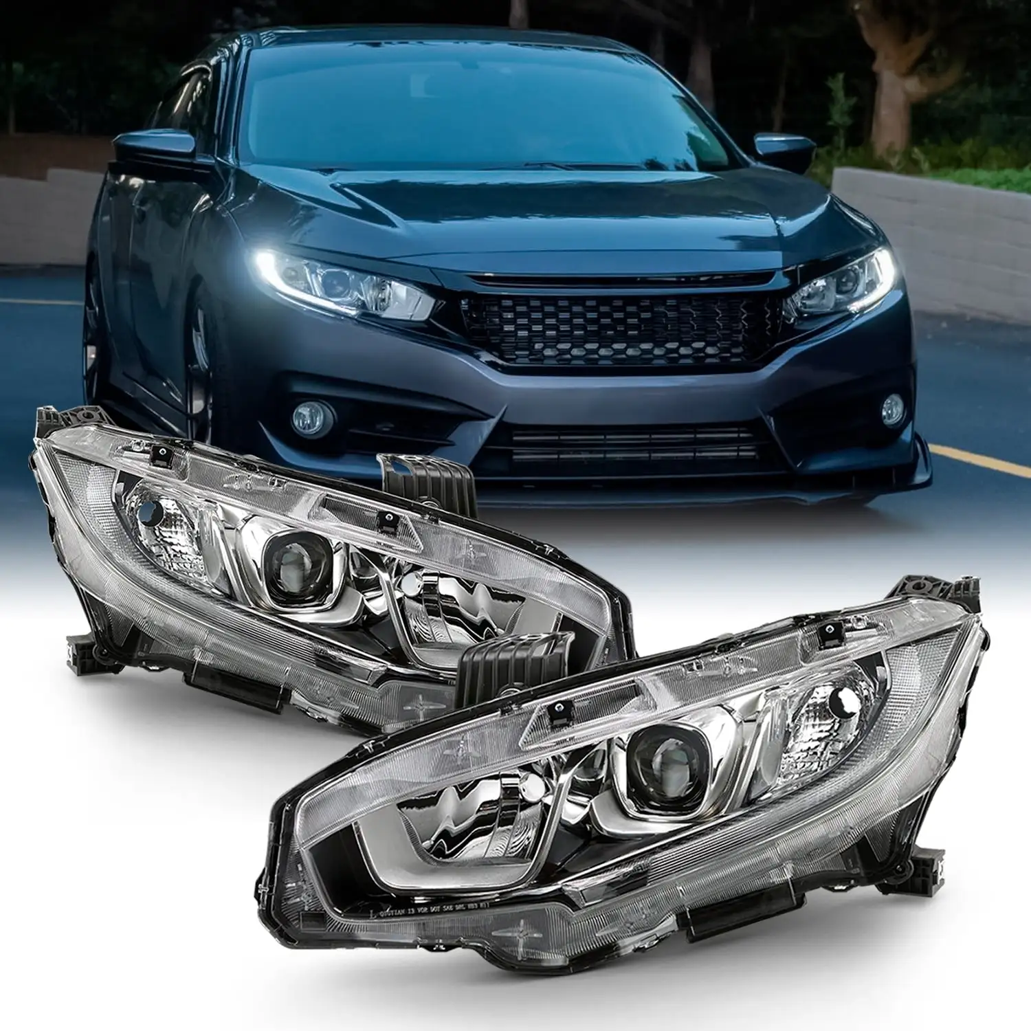 AKKON - Fits 2016-2021 Honda Civic EX/ EX-T/ LX/ EX-L/ LX-P/ DX [Halogen Type] Tube Projector Headlight Left+Right Pair