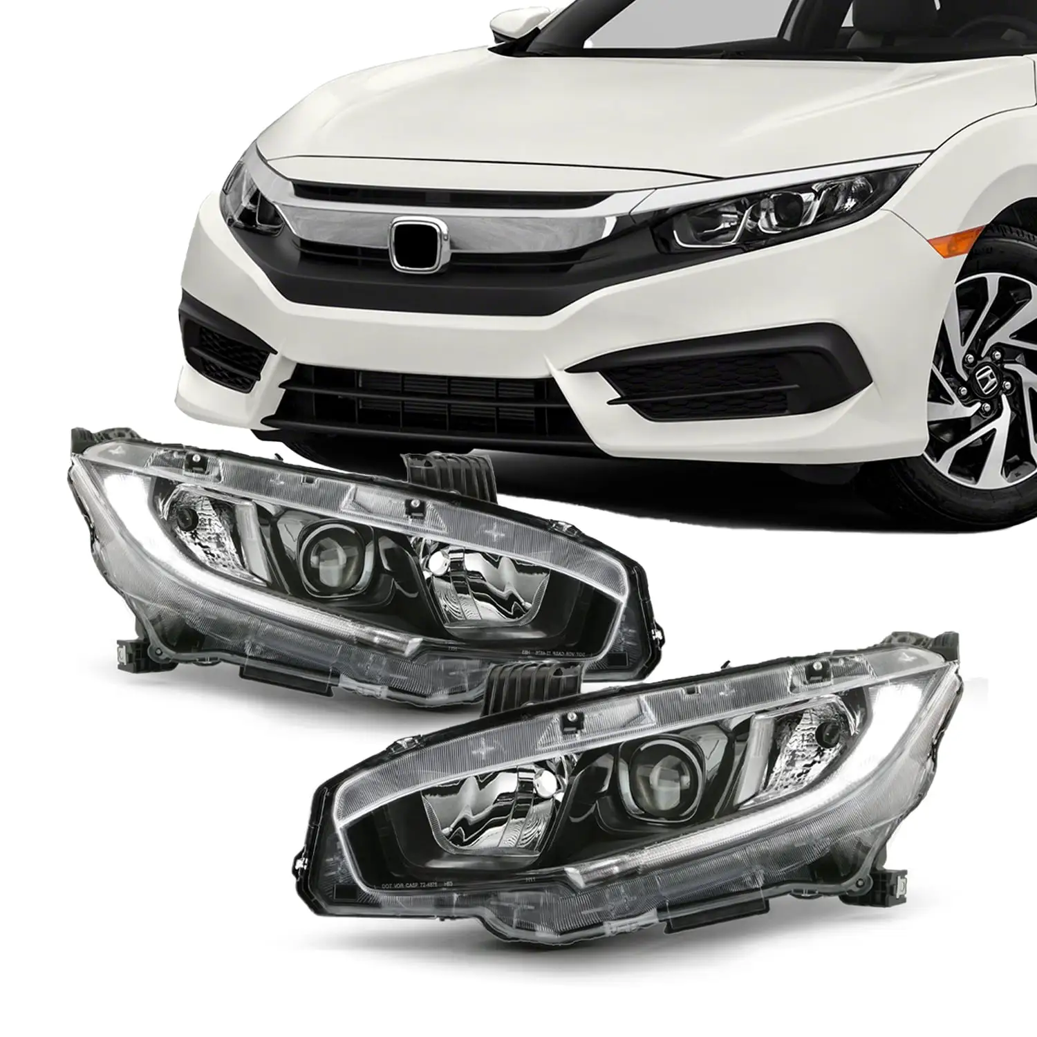 AKKON - Fits 2016-2021 Honda Civic [Halogen Type] Projector Black Headlights Pair Headlamp Left Driver + Right Passenger