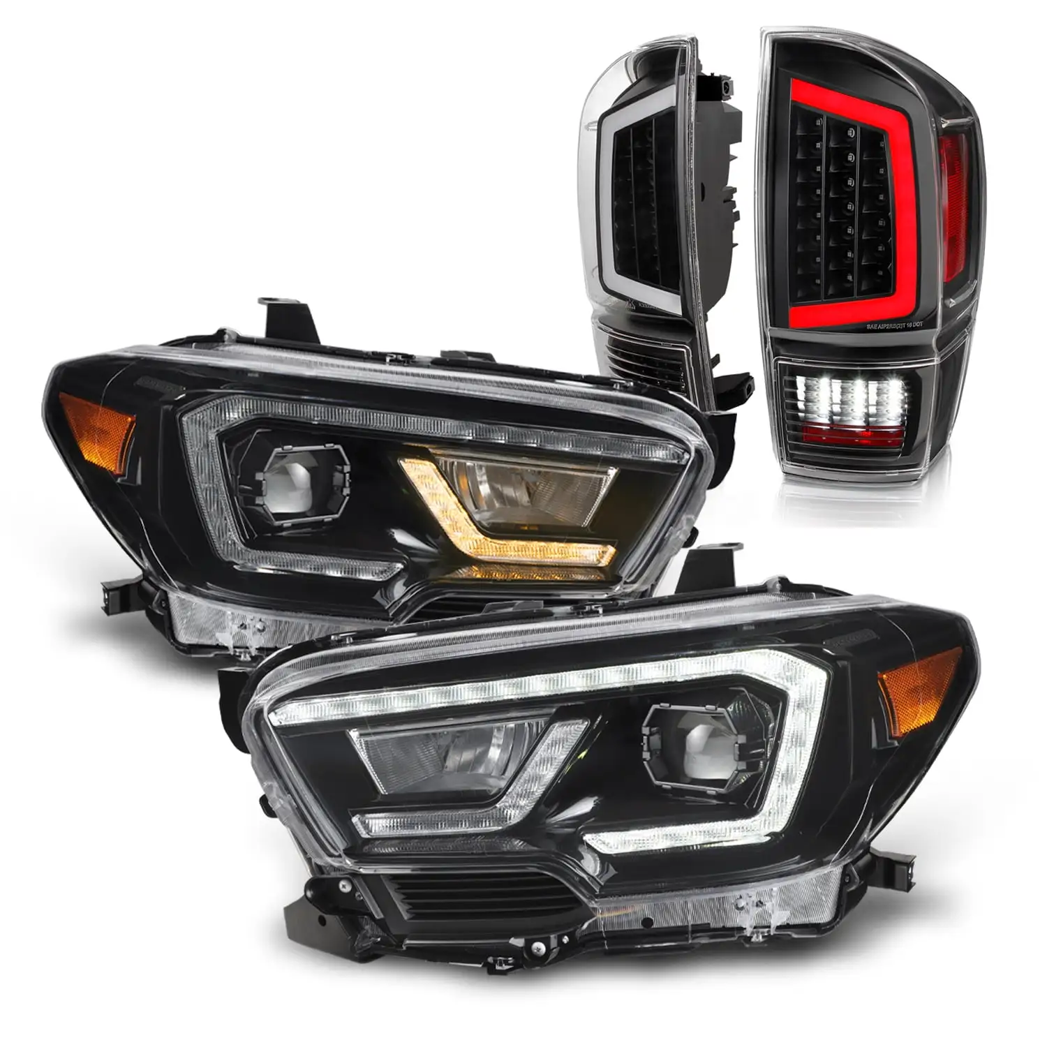 AKKON - Fits 2016-2022 Toyota Tacoma Black TRD / Limited LED Light Tube Projector Headlights + LED Tail Lights