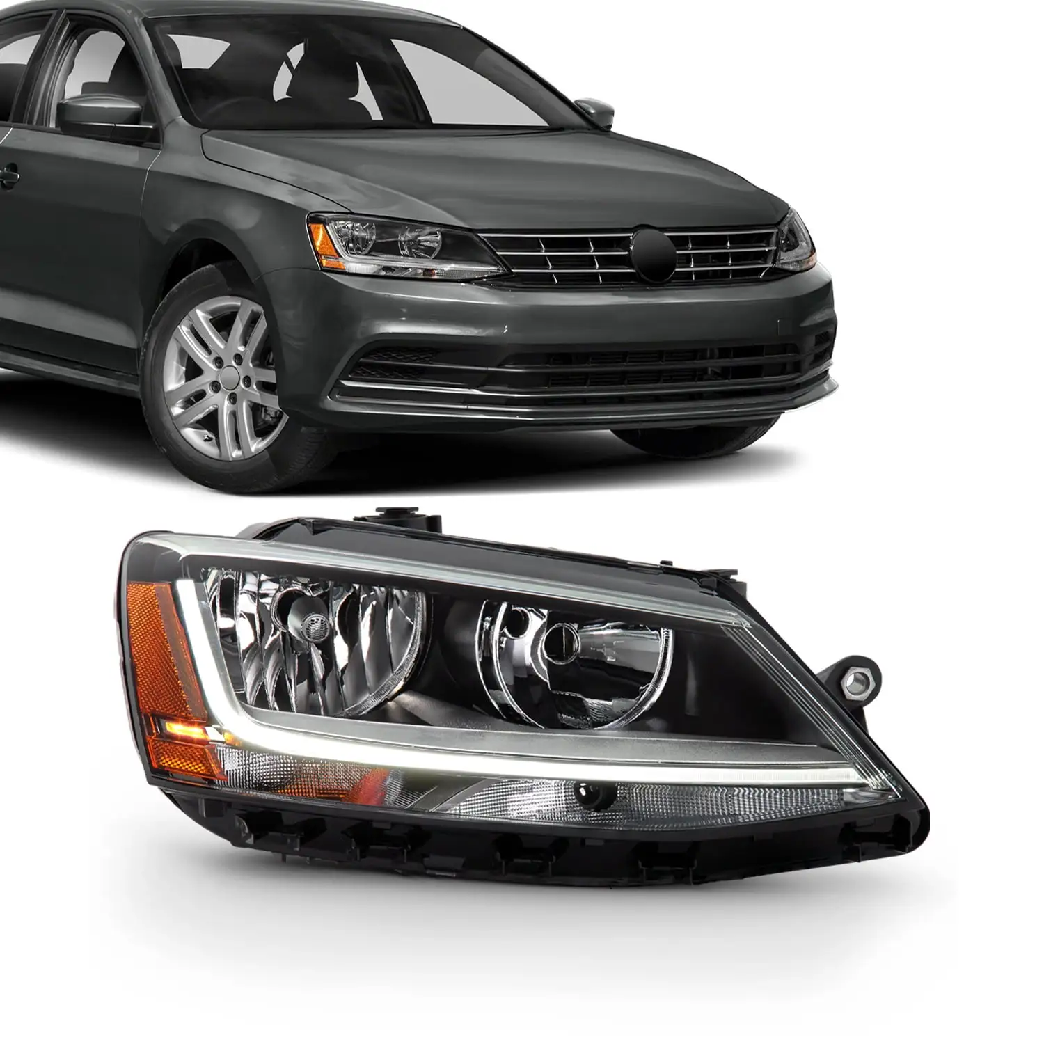 AKKON - Fits 2017-2018 Volkswagen Jetta [Halogen Type] Light Tube Chrome Headlamp w/ LED DRL Model Headlight Passenger Right