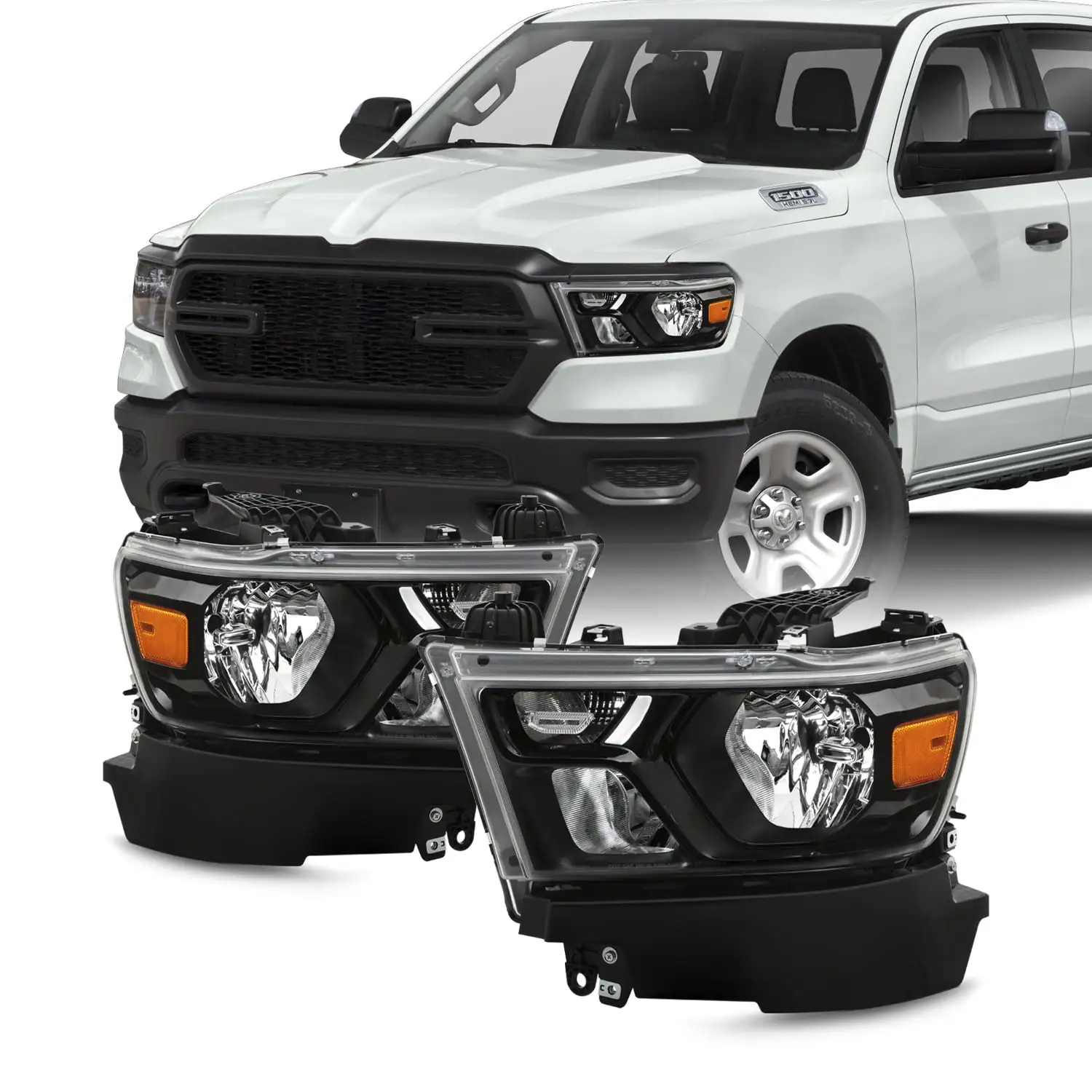 AKKON - Fits 2019-2020 RAM 1500 Pickup Truck [Halogen Type] Headlights Black Headlamps Pair Driver+Passenger Replacement