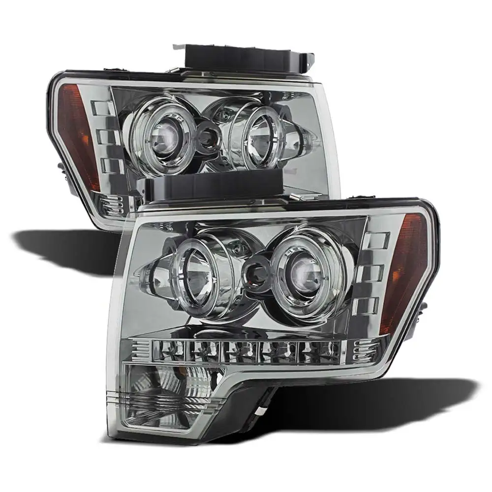 AKKON - Fits Ford F150 F-150 Pickup Smoke Dual Halo LED Projector Headlights Housing - Pair