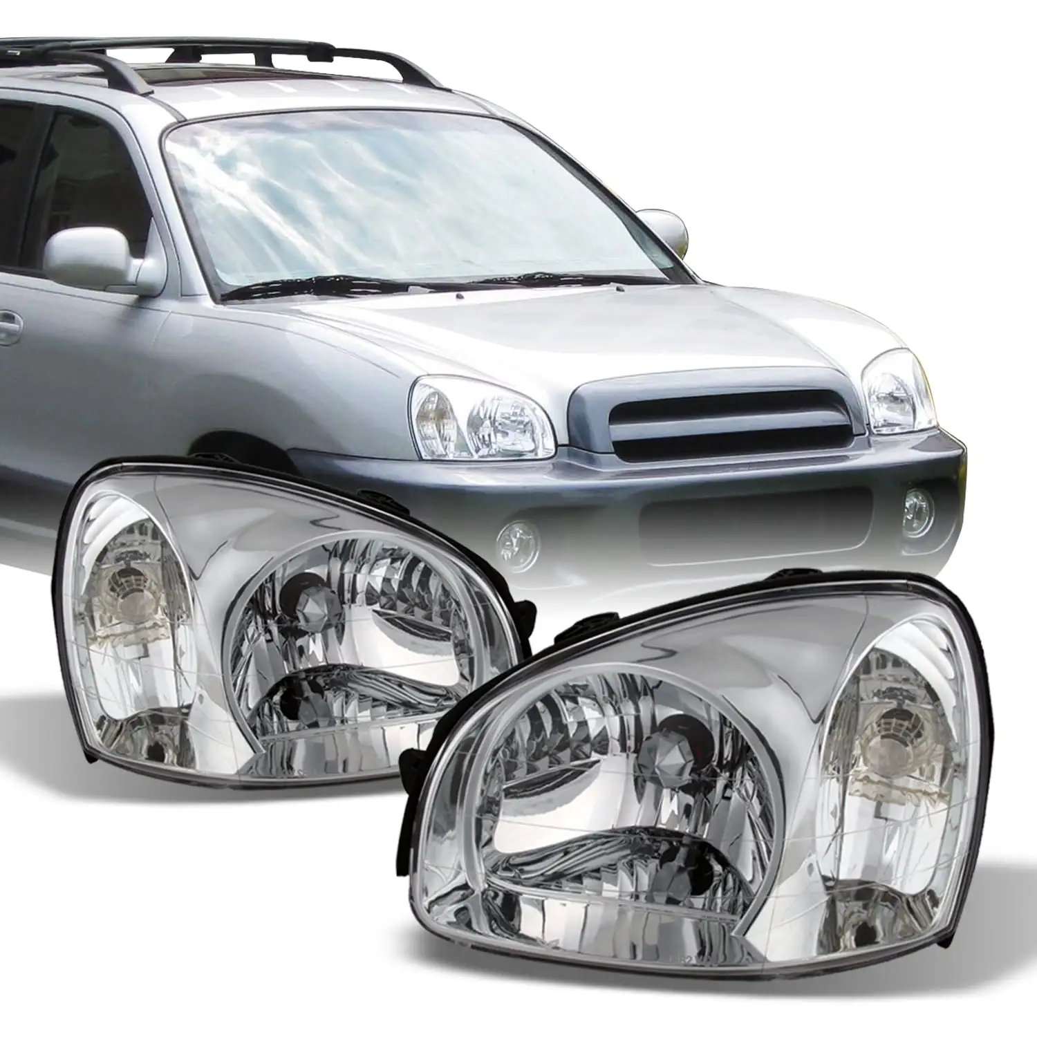 AKKON - Fits Hyundai Santa Fe OE Replacement Chrome Housing Headlights Head Lamps - Pair Set