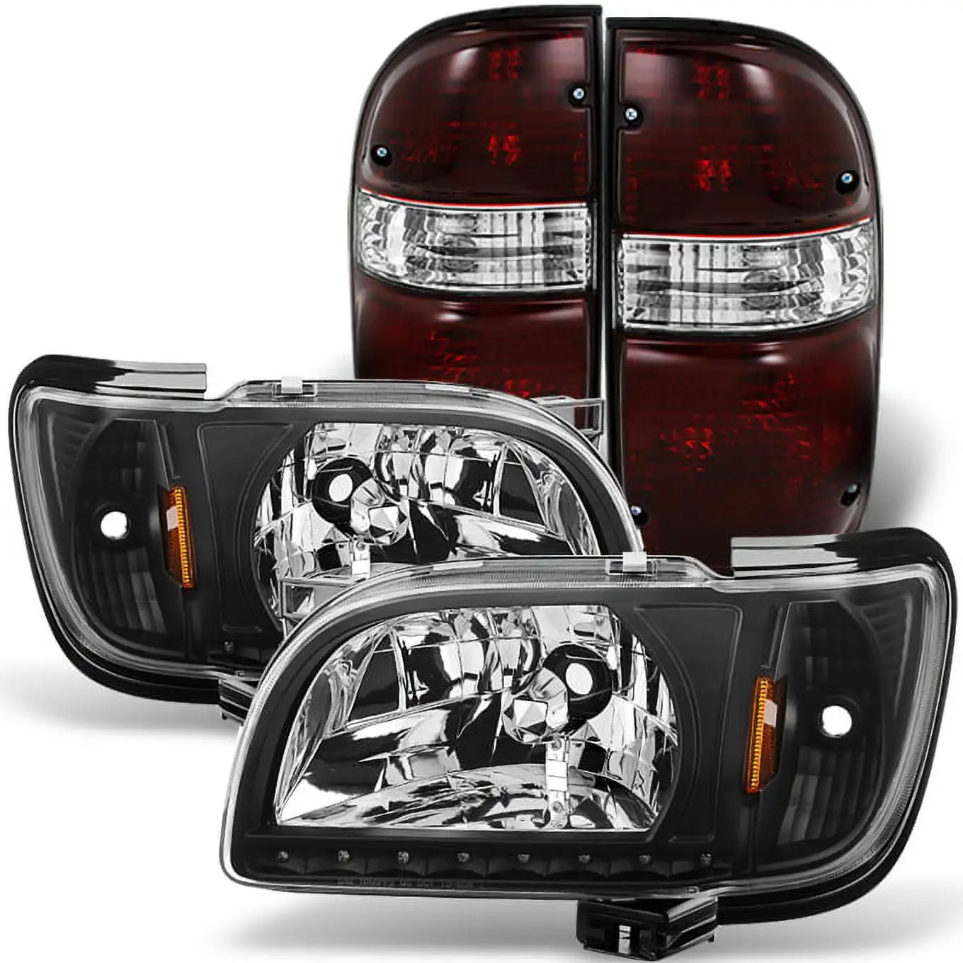 AKKON - For 01 02 03 04 Tacoma 1 Piece Black Headlights w/ Black Trim Corner Signal Lamps + Red Smoked Tail Lights