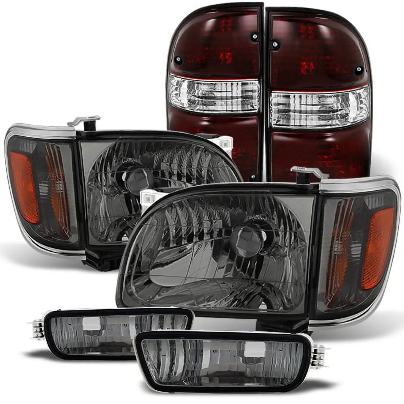 AKKON - For 01-04 Toyota Tacoma Smoked Headlights W/ Corner light + Bumpr light + Red Tail light Combo