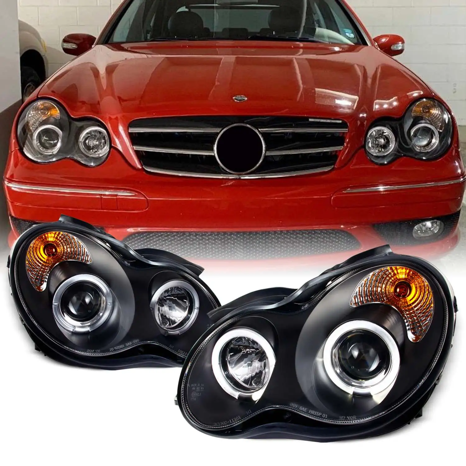 AKKON - For 01-07 Benz W203 C-Class 4-Doors Sedan Black Bezel LED [Dual Halo] Projector Halogen Type Projector Headlights