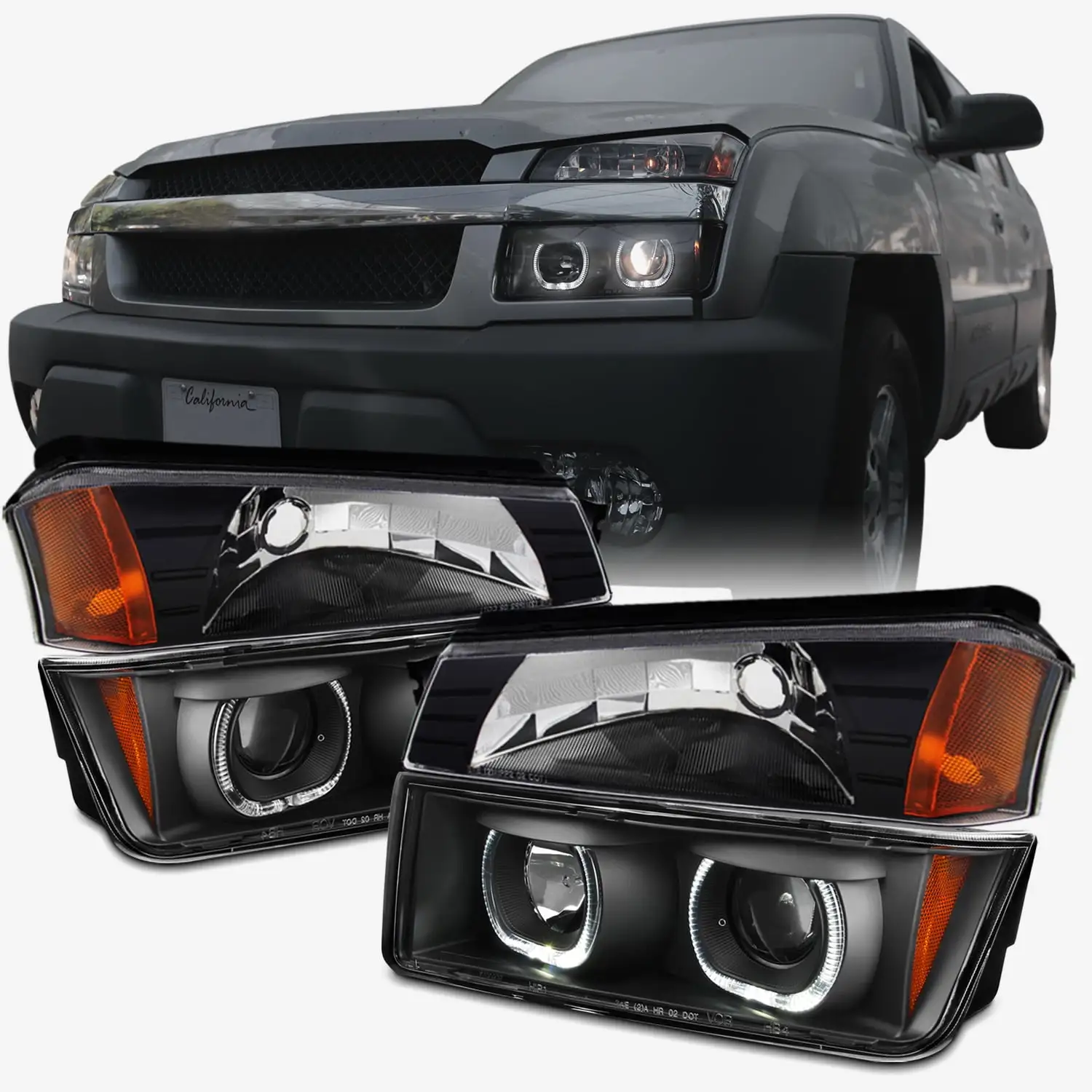 AKKON - For 02-06 Chevy Avalanche 4 PCS Set | Dual LED Halo Projector Headlights + Cladding Bumper Corner Lights