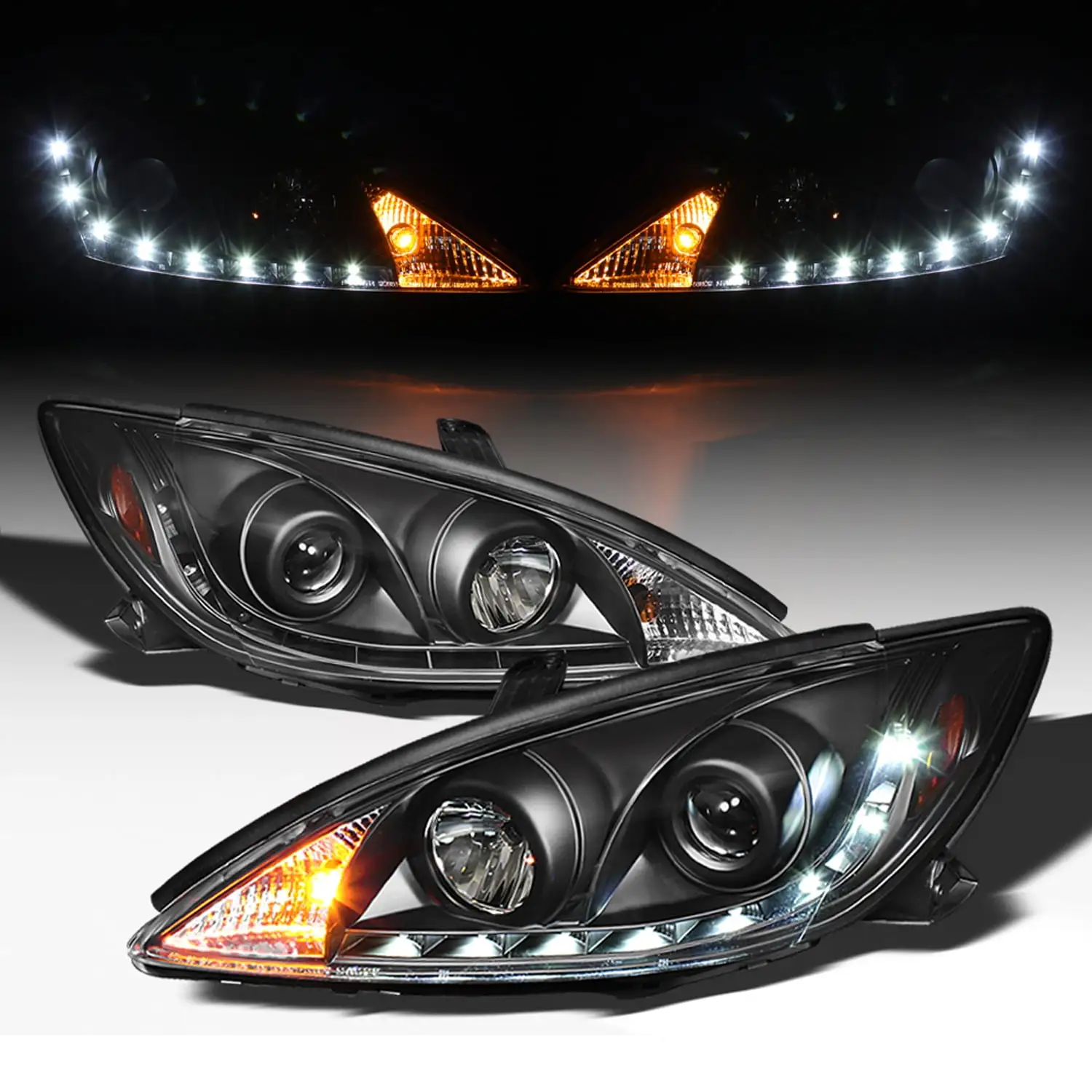 AKKON - For 02-06 Toyota Camry Black Bezel DRL Daylight LED Strip Projector Headlights Front Lamp Replacement Pair